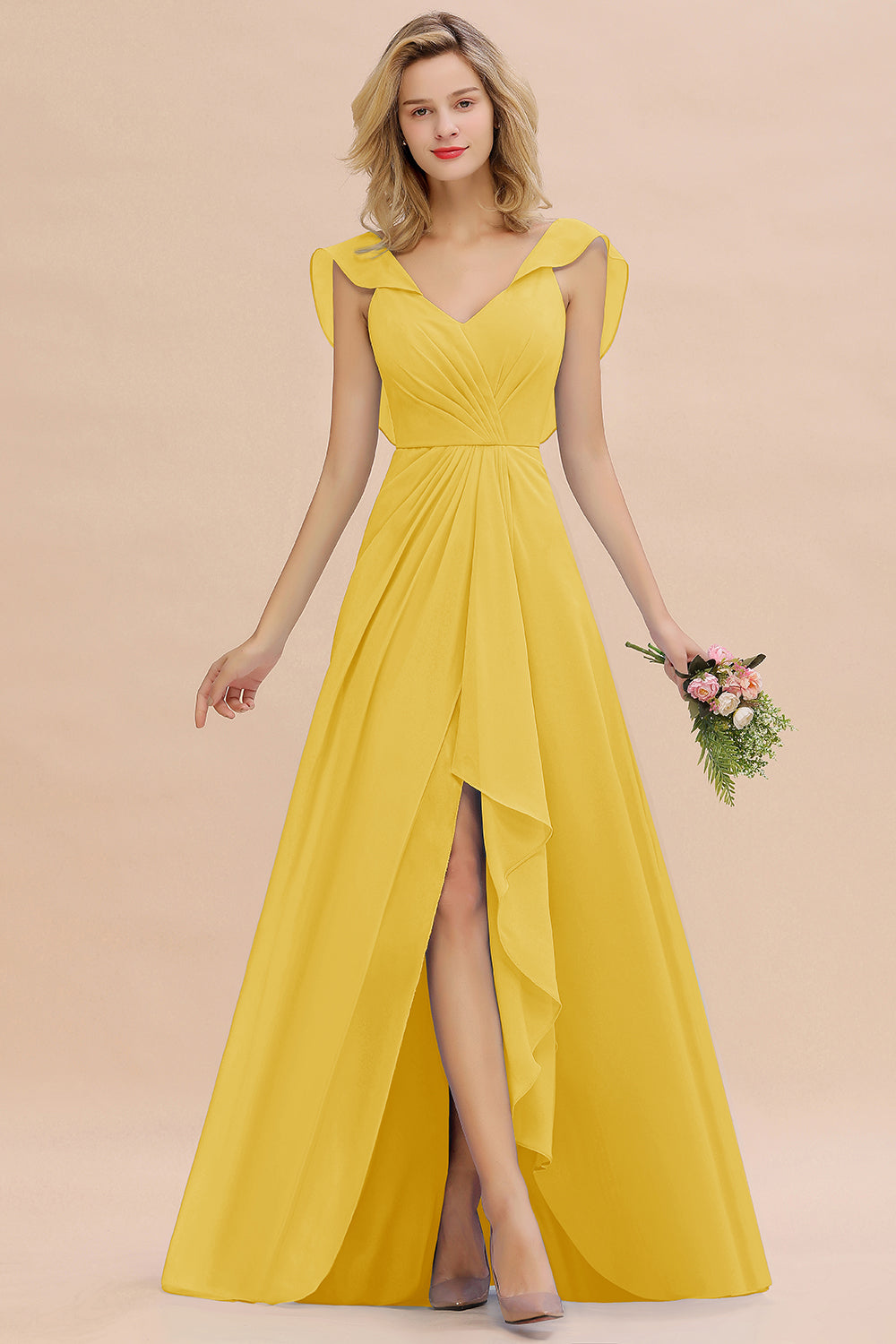 Modest Hi-Lo V-Neck Ruffle Long Bridesmaid Dress with Slit-Babyonlines