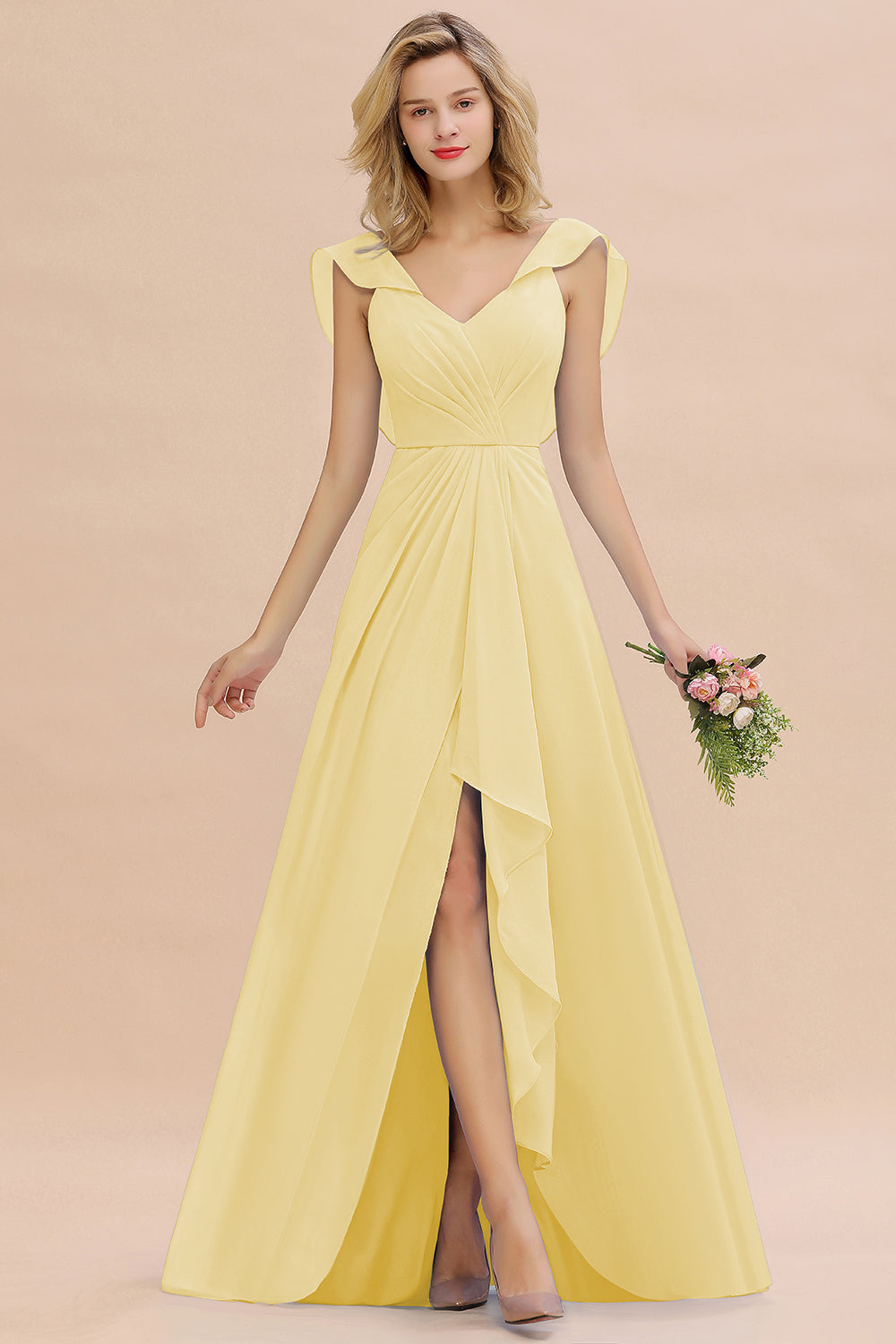 Modest Hi-Lo V-Neck Ruffle Long Bridesmaid Dress with Slit-Babyonlines