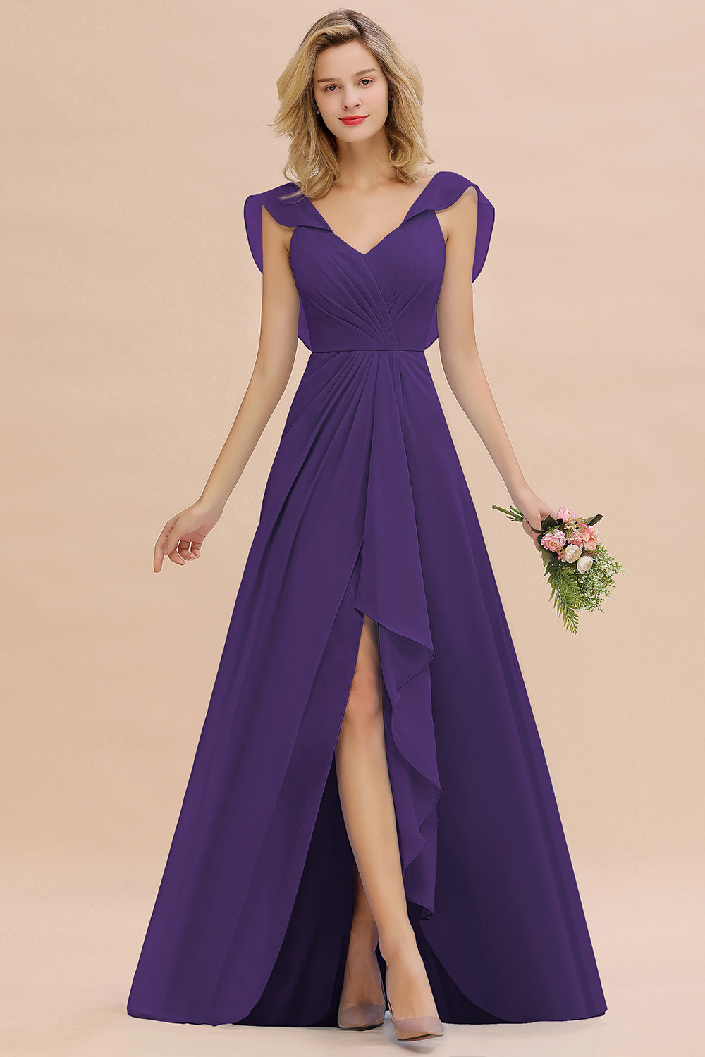 Modest Hi-Lo V-Neck Ruffle Long Bridesmaid Dress with Slit-Babyonlines