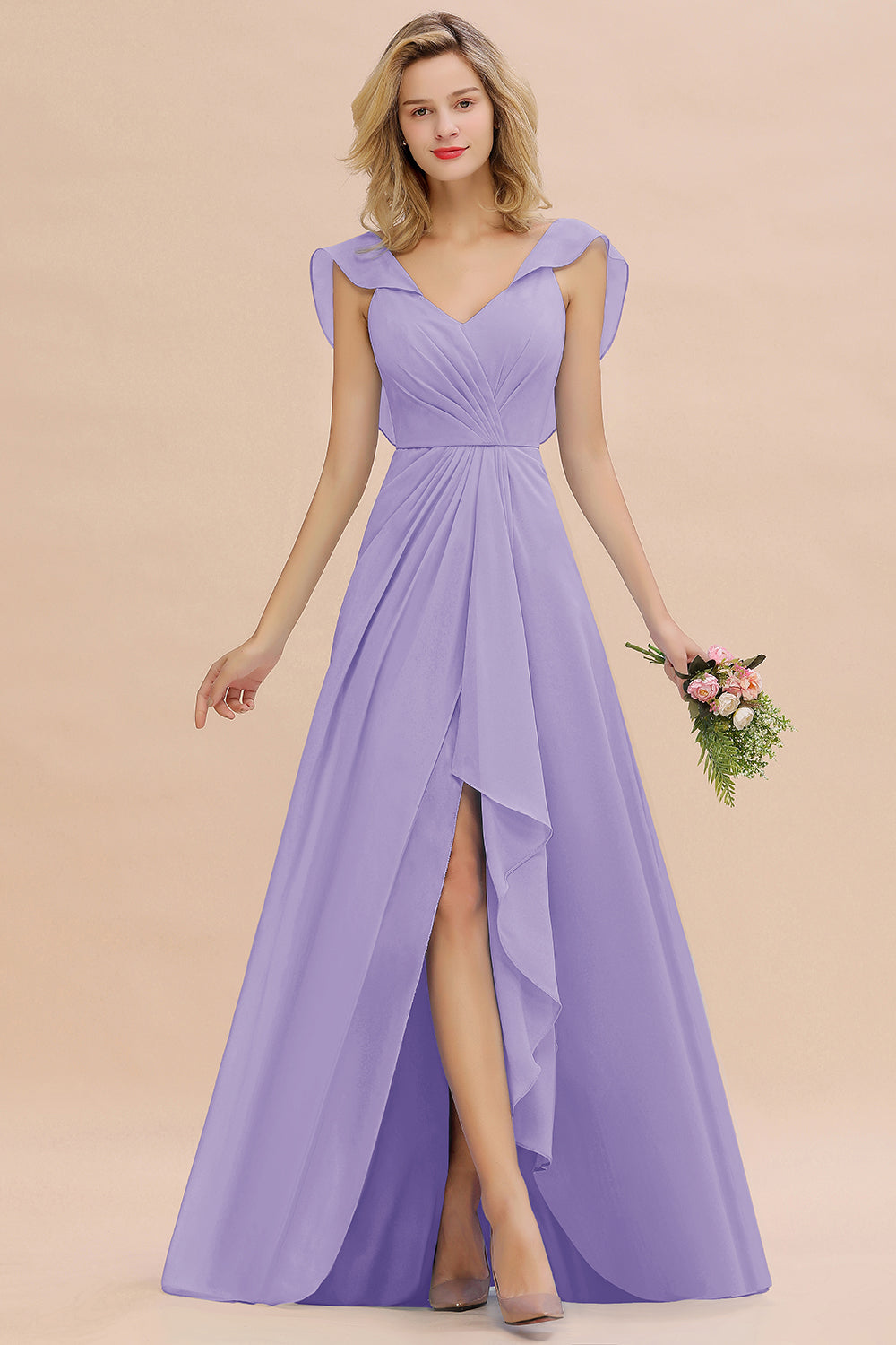 Modest Hi-Lo V-Neck Ruffle Long Bridesmaid Dress with Slit-Babyonlines