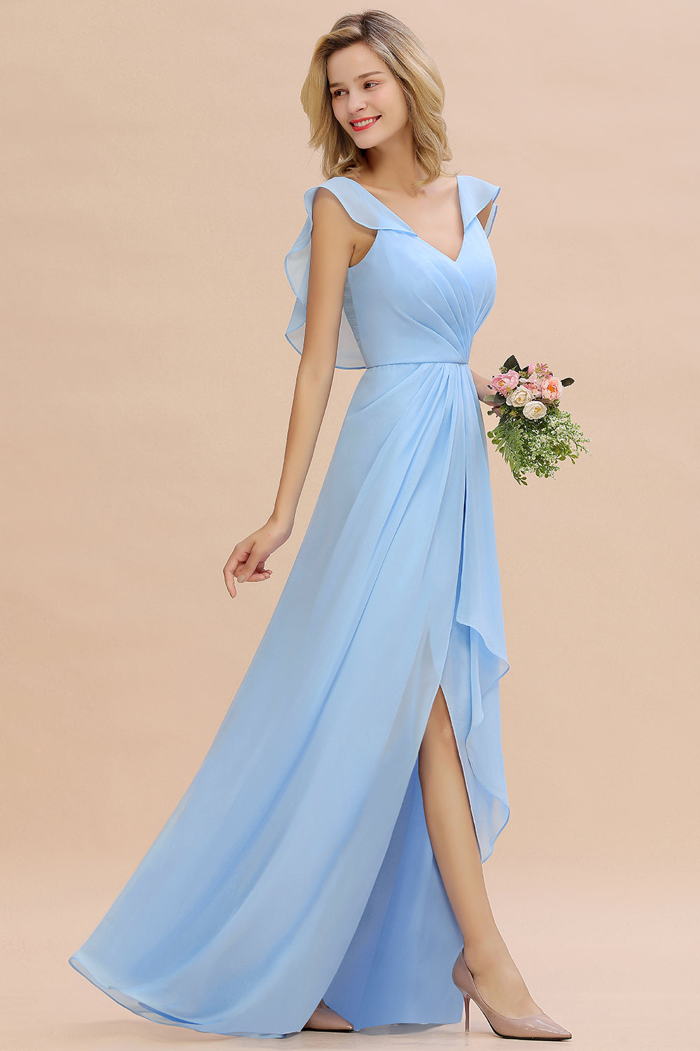 Modest Hi-Lo V-Neck Ruffle Long Bridesmaid Dress with Slit-Babyonlines