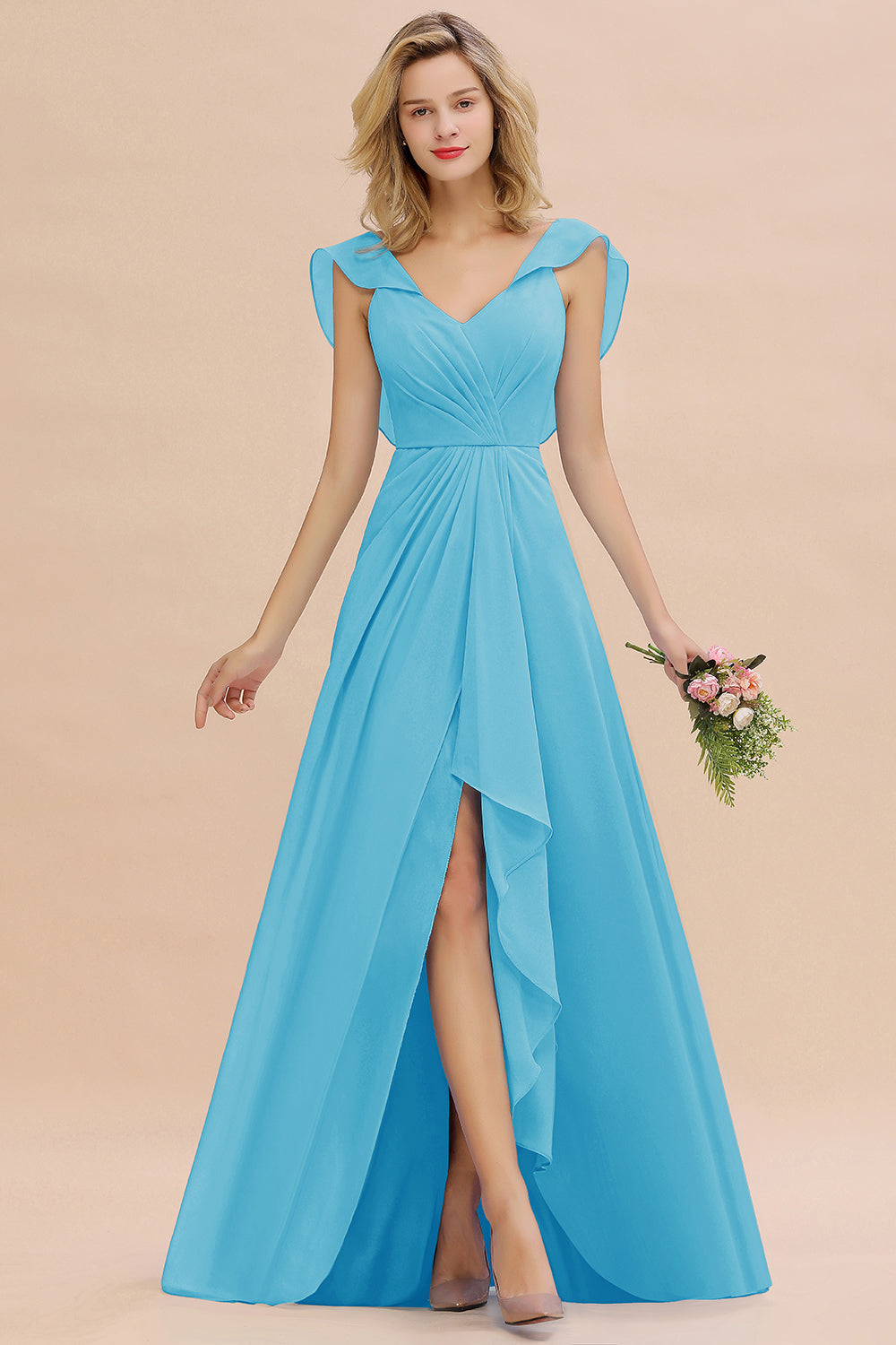 Modest Hi-Lo V-Neck Ruffle Long Bridesmaid Dress with Slit-Babyonlines