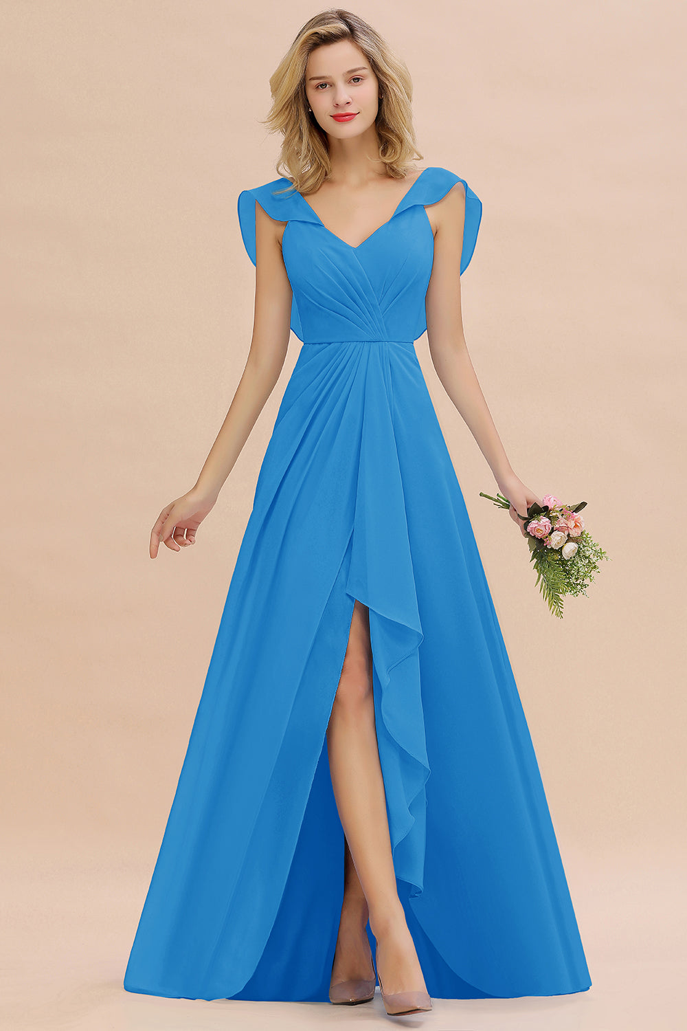 Modest Hi-Lo V-Neck Ruffle Long Bridesmaid Dress with Slit-Babyonlines