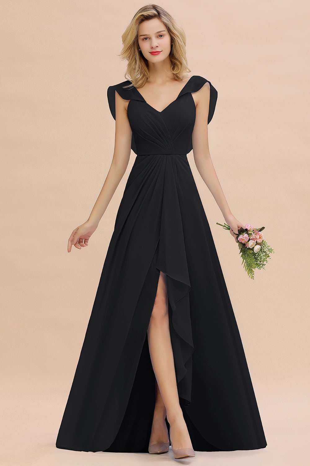 Modest Hi-Lo V-Neck Ruffle Long Bridesmaid Dress with Slit-Babyonlines