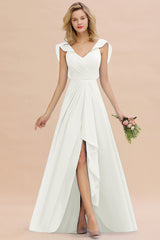 Modest Hi-Lo V-Neck Ruffle Long Bridesmaid Dress with Slit-Babyonlines