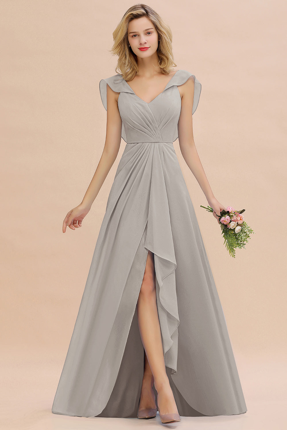 Modest Hi-Lo V-Neck Ruffle Long Bridesmaid Dress with Slit-Babyonlines