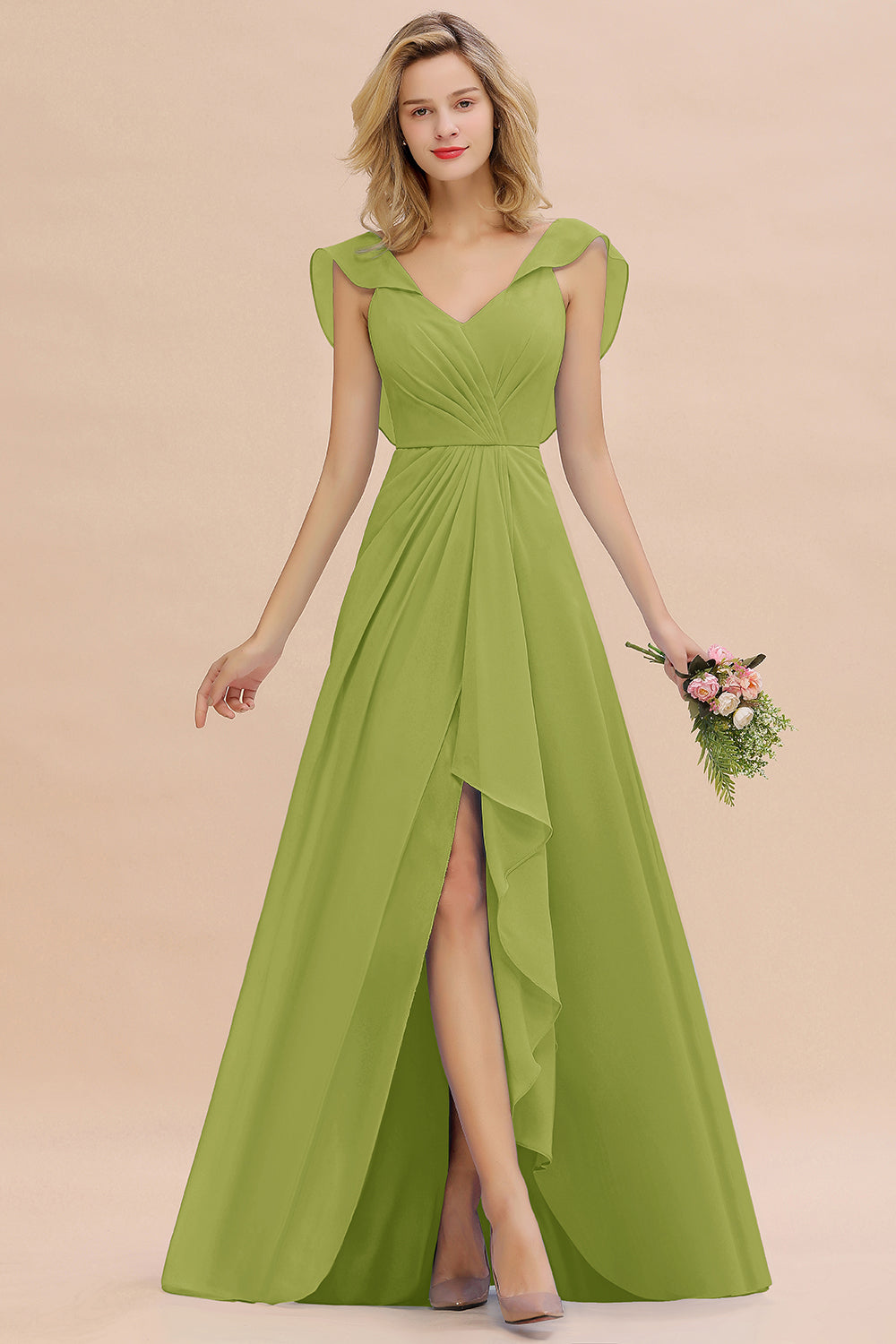 Modest Hi-Lo V-Neck Ruffle Long Bridesmaid Dress with Slit-Babyonlines