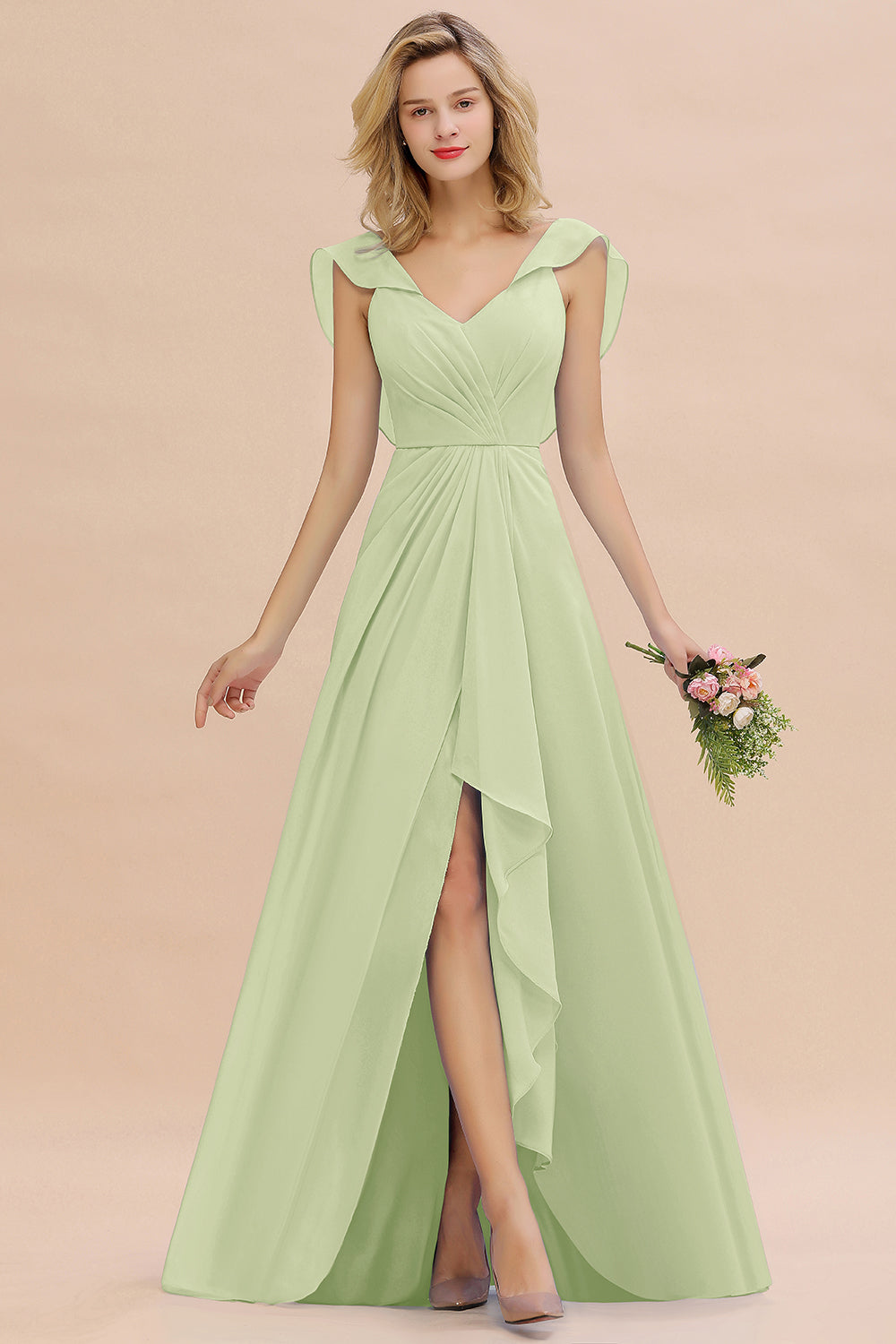 Modest Hi-Lo V-Neck Ruffle Long Bridesmaid Dress with Slit-Babyonlines