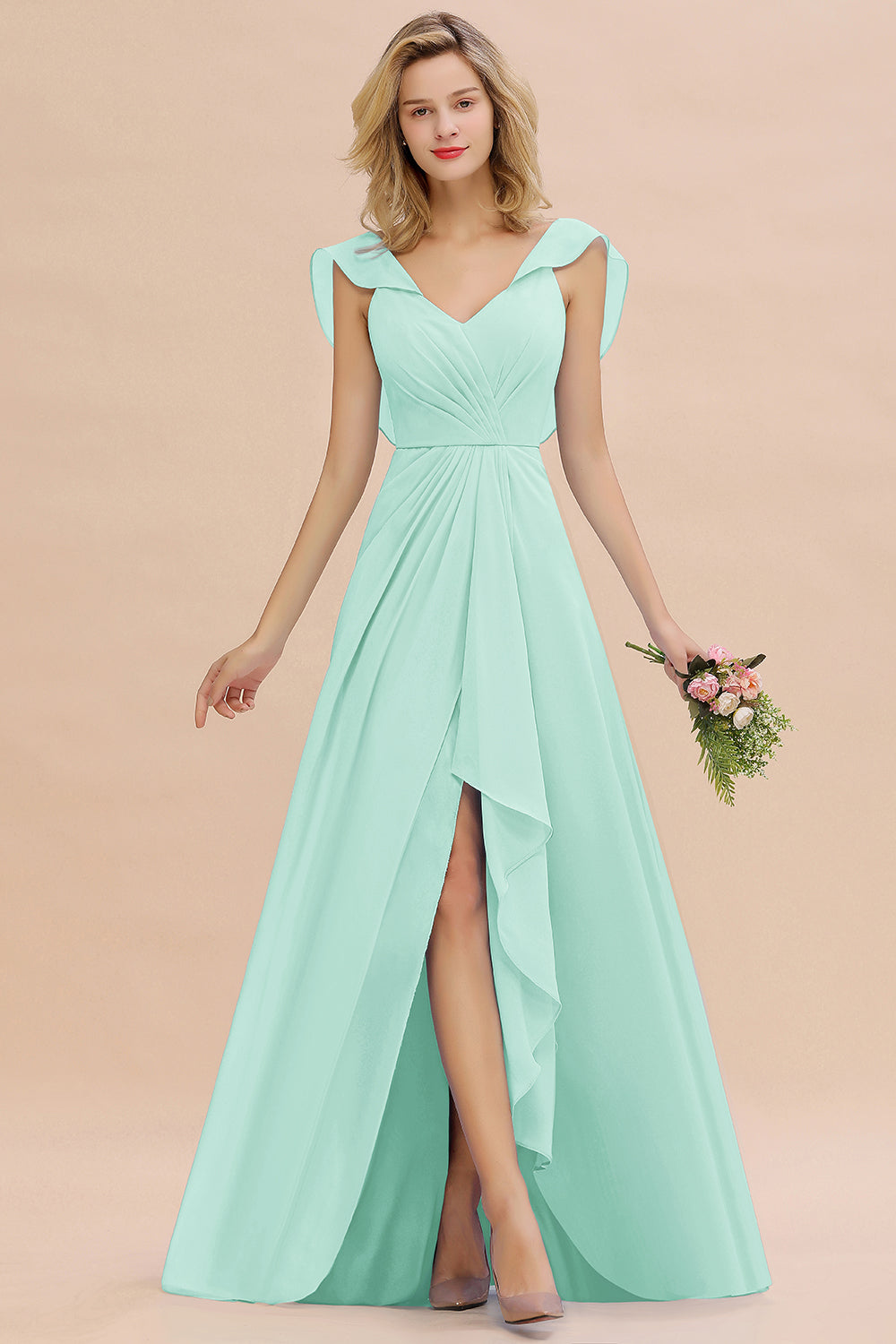 Modest Hi-Lo V-Neck Ruffle Long Bridesmaid Dress with Slit-Babyonlines