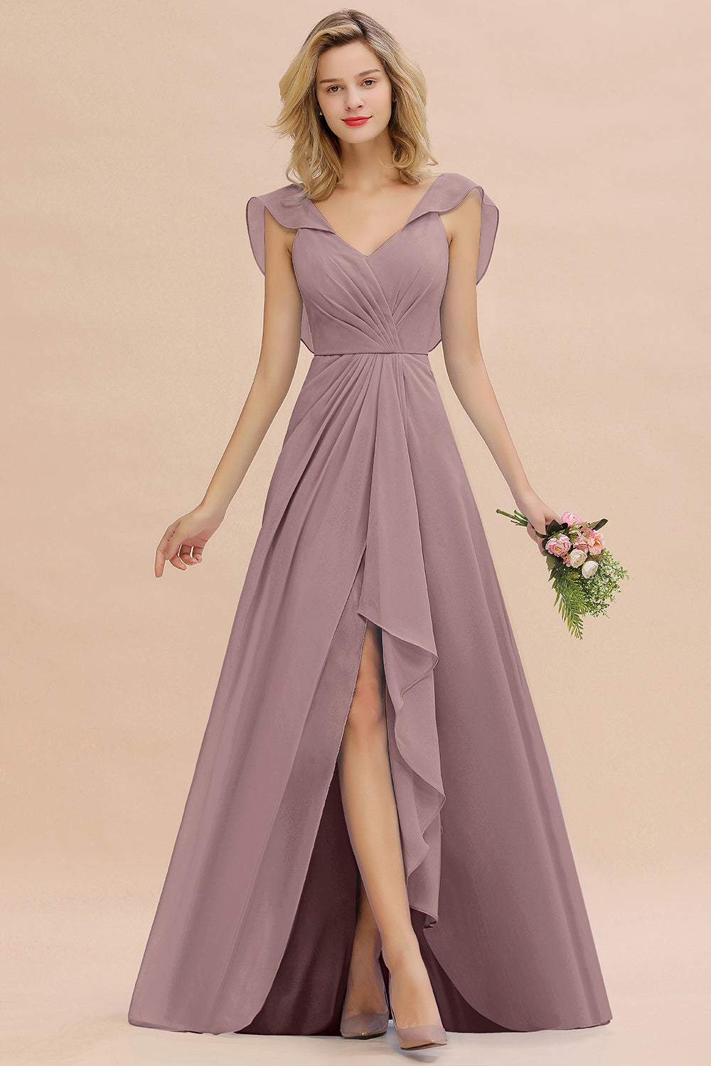 Modest Hi-Lo V-Neck Ruffle Long Bridesmaid Dress with Slit-Babyonlines