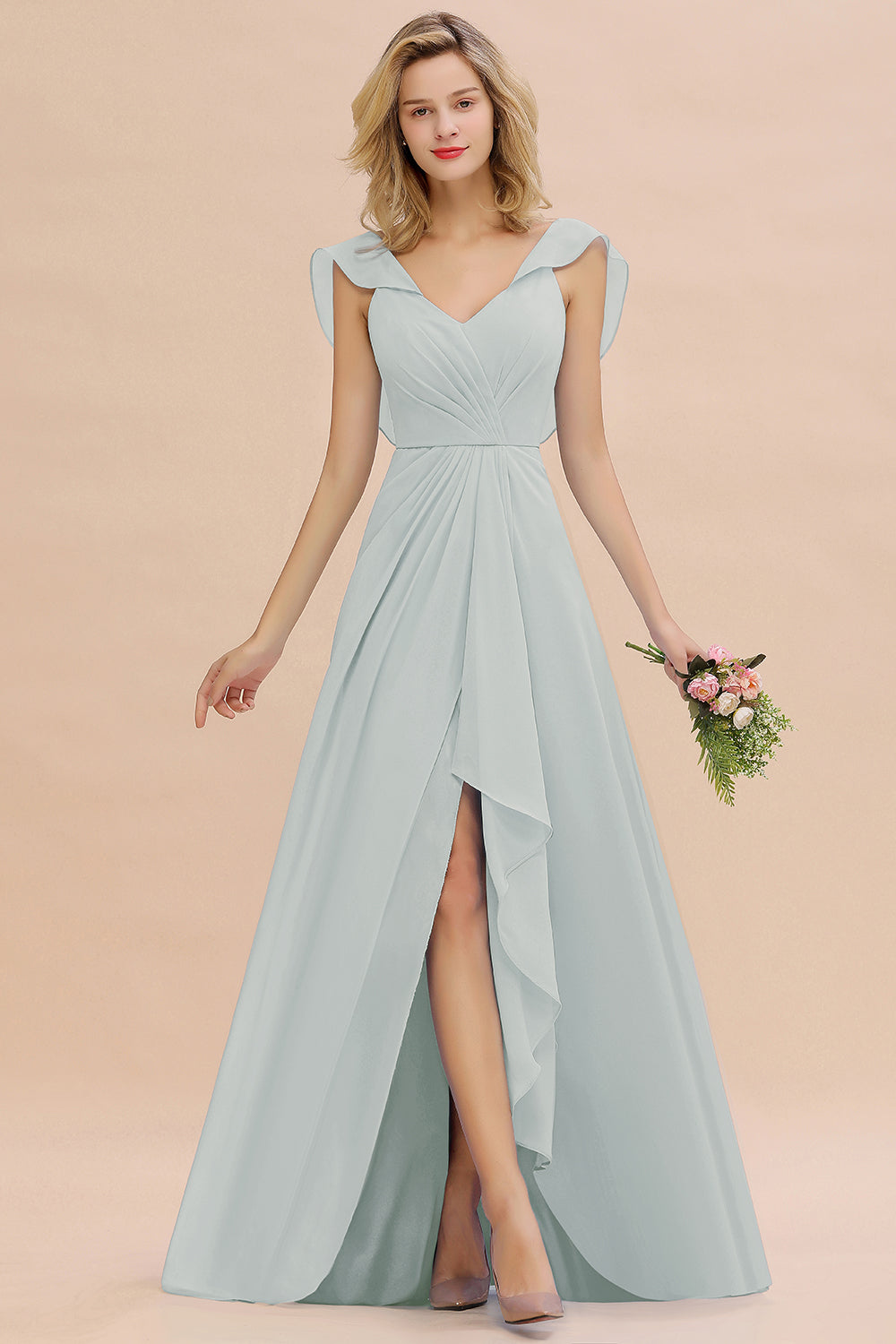 Modest Hi-Lo V-Neck Ruffle Long Bridesmaid Dress with Slit-Babyonlines