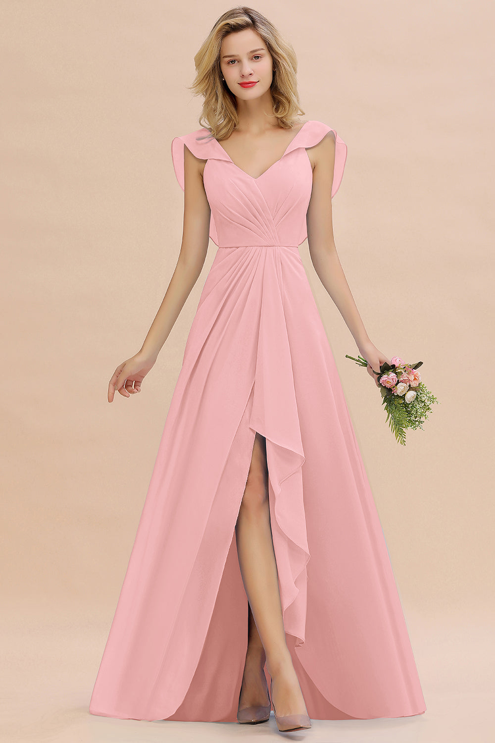 Modest Hi-Lo V-Neck Ruffle Long Bridesmaid Dress with Slit-Babyonlines