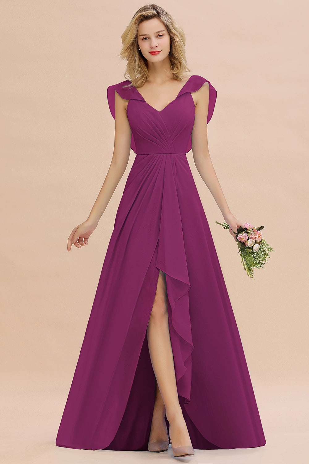 Modest Hi-Lo V-Neck Ruffle Long Bridesmaid Dress with Slit-Babyonlines