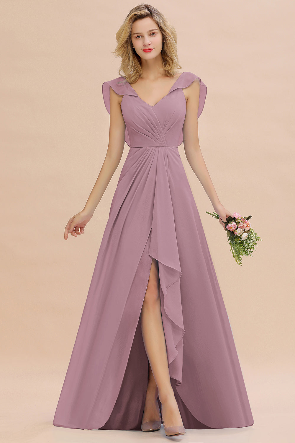 Modest Hi-Lo V-Neck Ruffle Long Bridesmaid Dress with Slit-Babyonlines