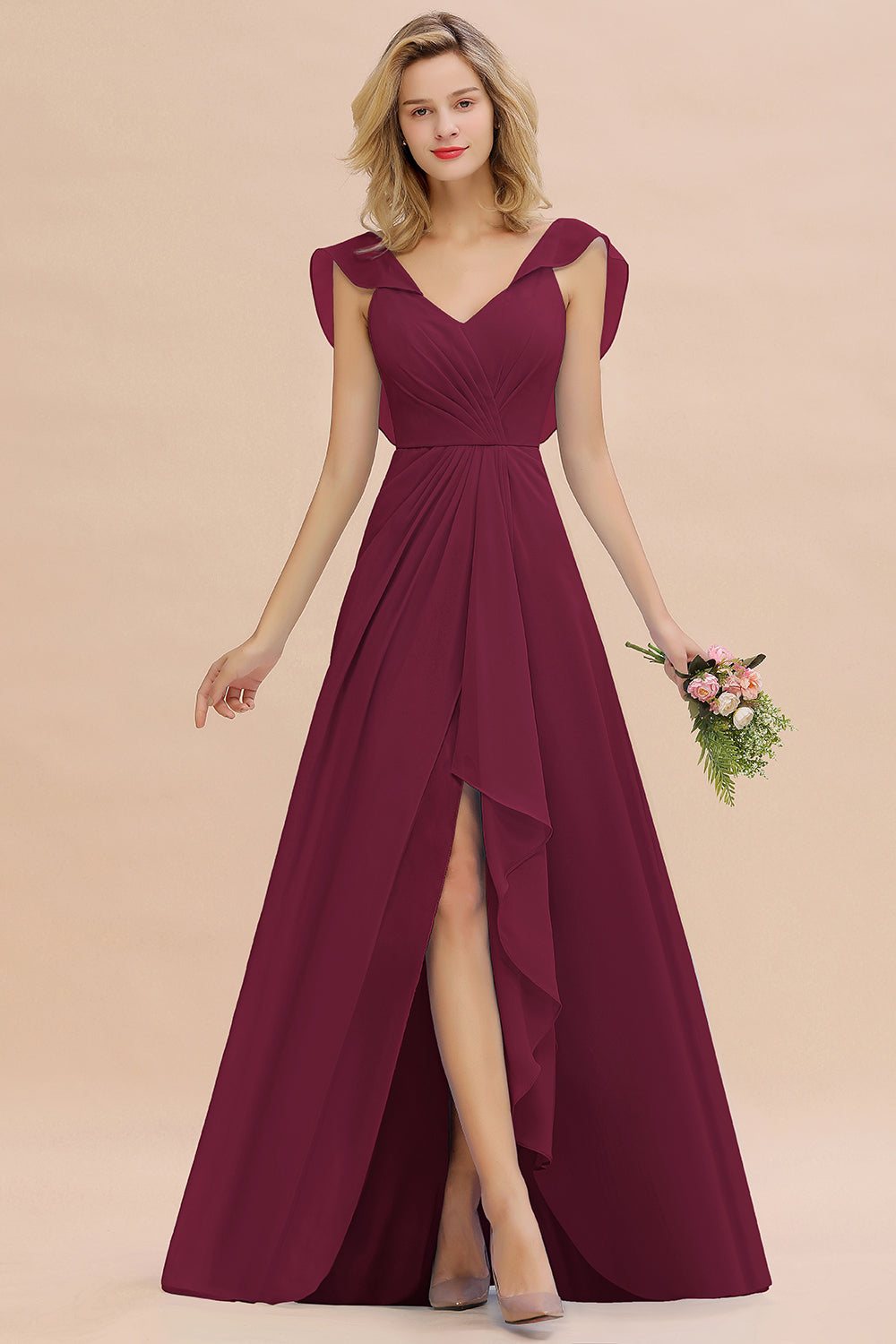 Modest Hi-Lo V-Neck Ruffle Long Bridesmaid Dress with Slit-Babyonlines