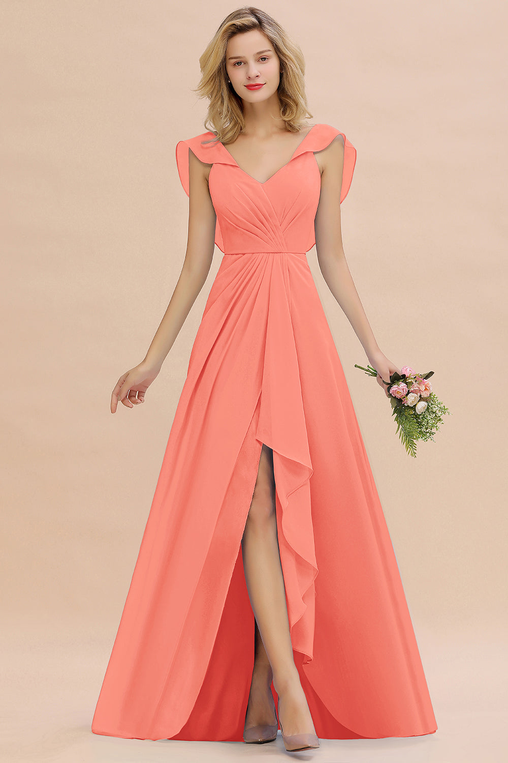 Modest Hi-Lo V-Neck Ruffle Long Bridesmaid Dress with Slit-Babyonlines