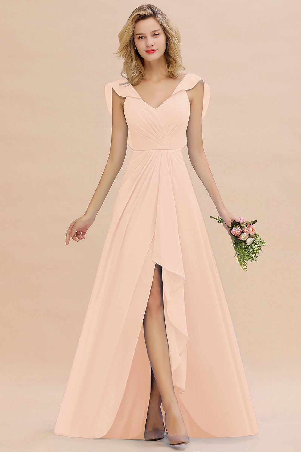 Modest Hi-Lo V-Neck Ruffle Long Bridesmaid Dress with Slit-Babyonlines