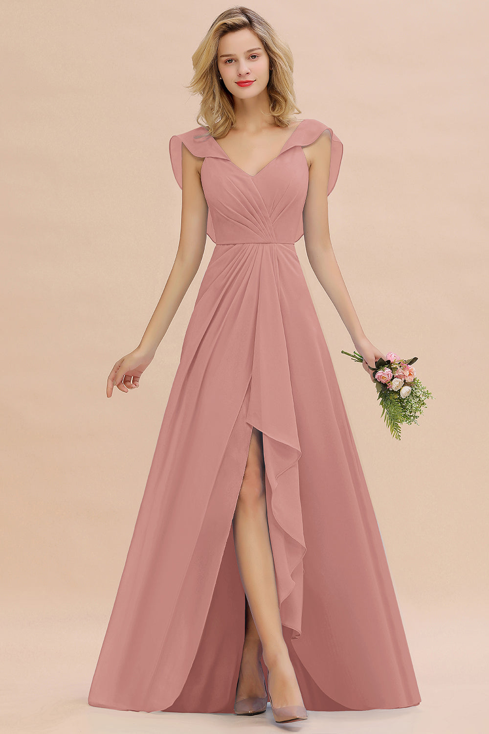 Modest Hi-Lo V-Neck Ruffle Long Bridesmaid Dress with Slit-Babyonlines