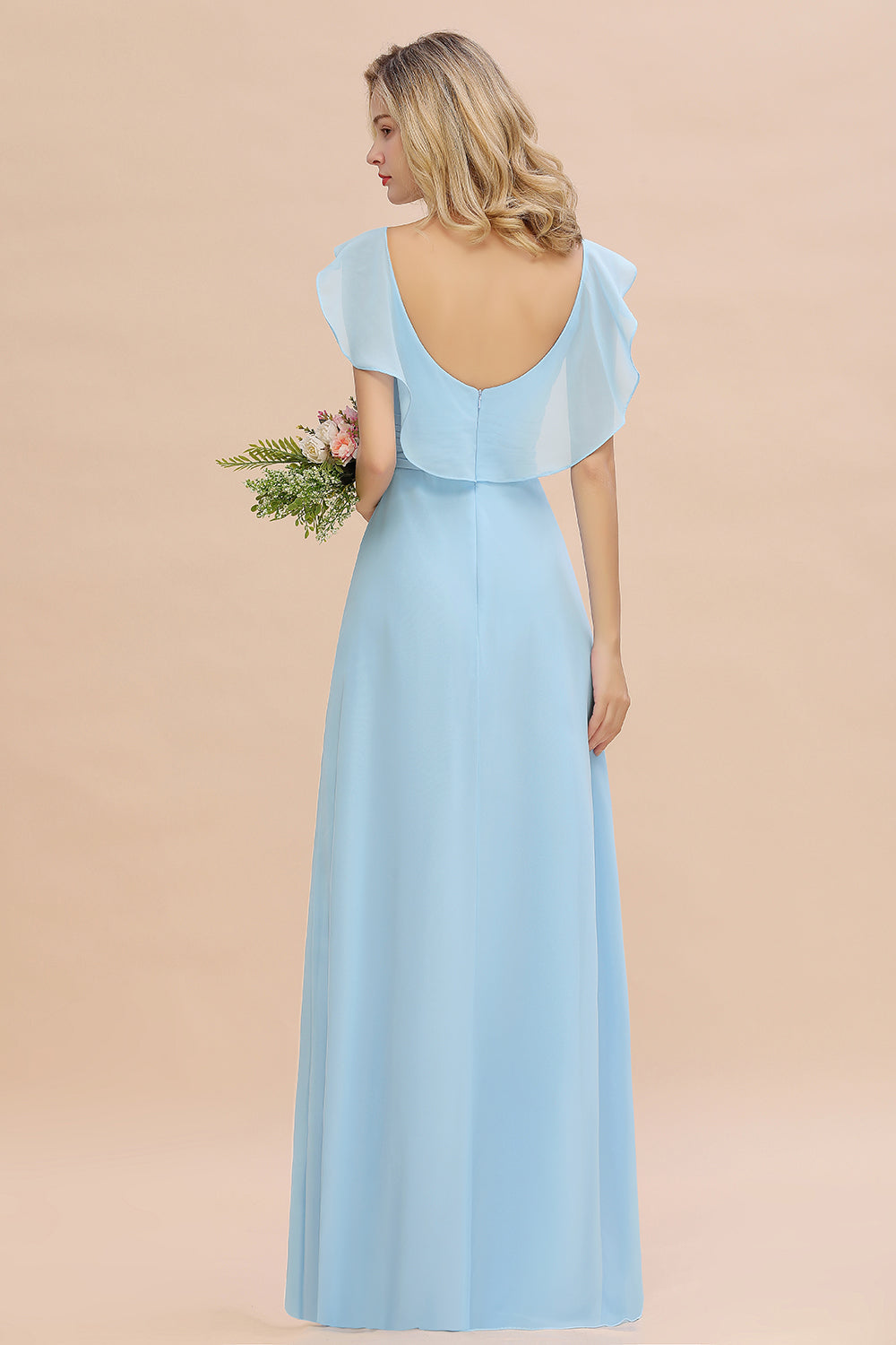 Modest Hi-Lo V-Neck Ruffle Long Bridesmaid Dress with Slit-Babyonlines