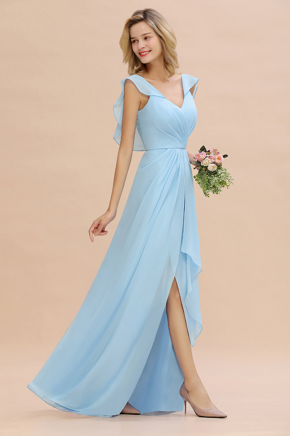 Modest Hi-Lo V-Neck Ruffle Long Bridesmaid Dress with Slit-Babyonlines