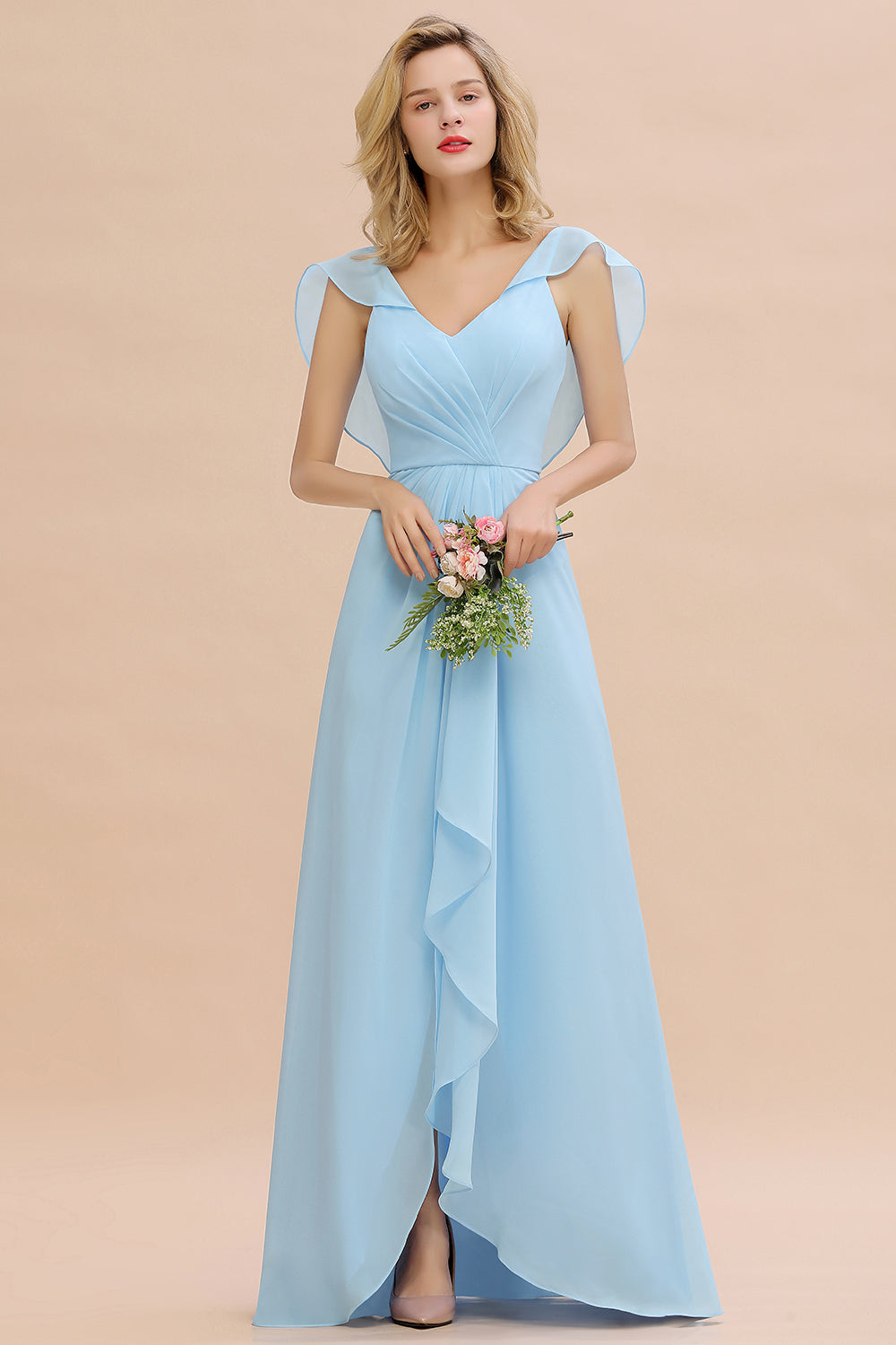 Modest Hi-Lo V-Neck Ruffle Long Bridesmaid Dress with Slit-Babyonlines