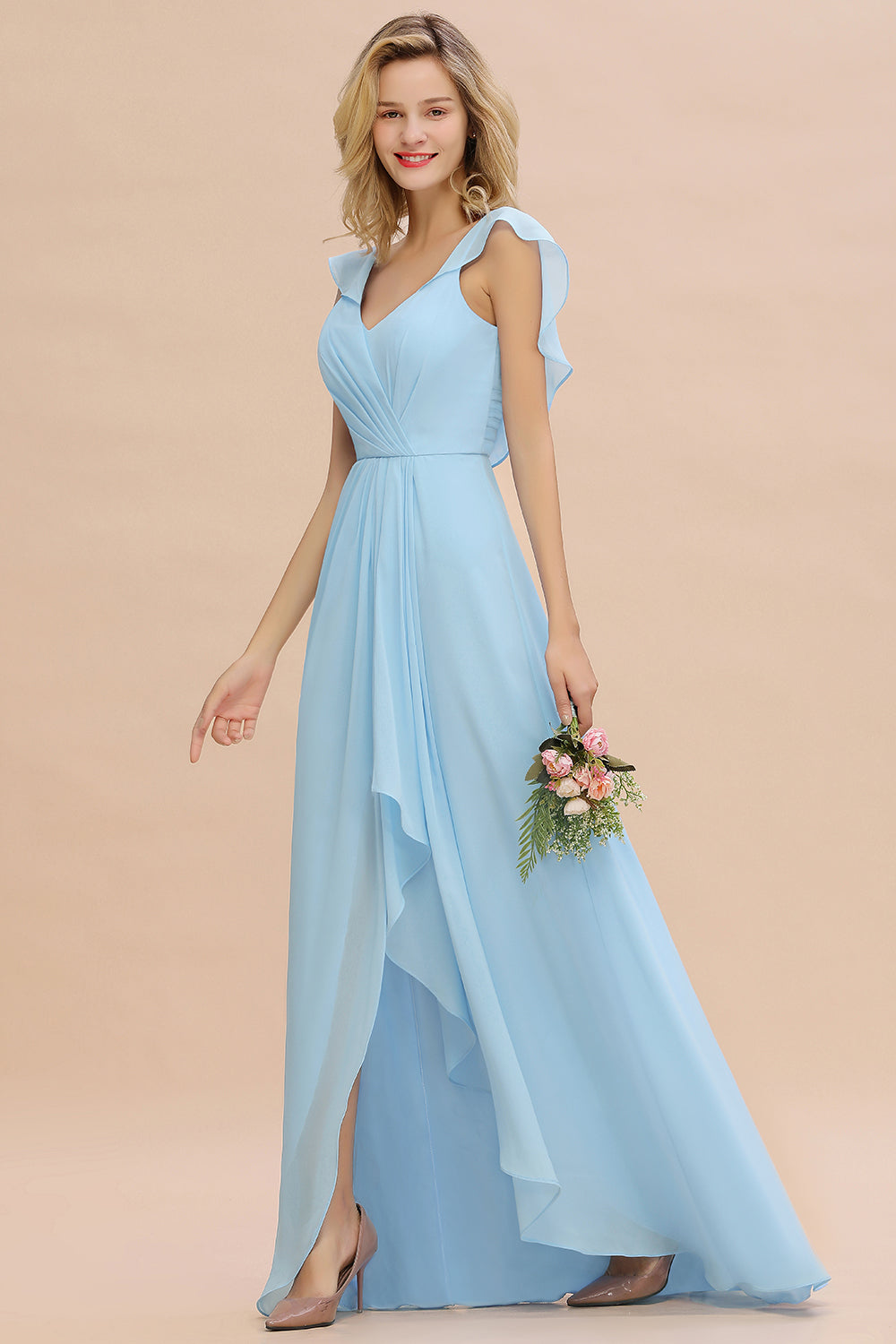 Modest Hi-Lo V-Neck Ruffle Long Bridesmaid Dress with Slit-Babyonlines