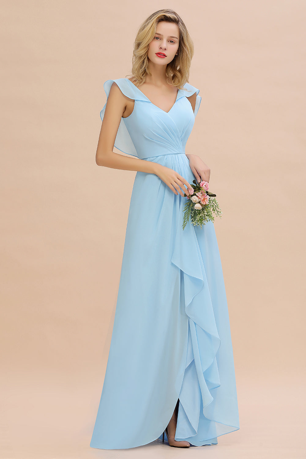 Modest Hi-Lo V-Neck Ruffle Long Bridesmaid Dress with Slit-Babyonlines