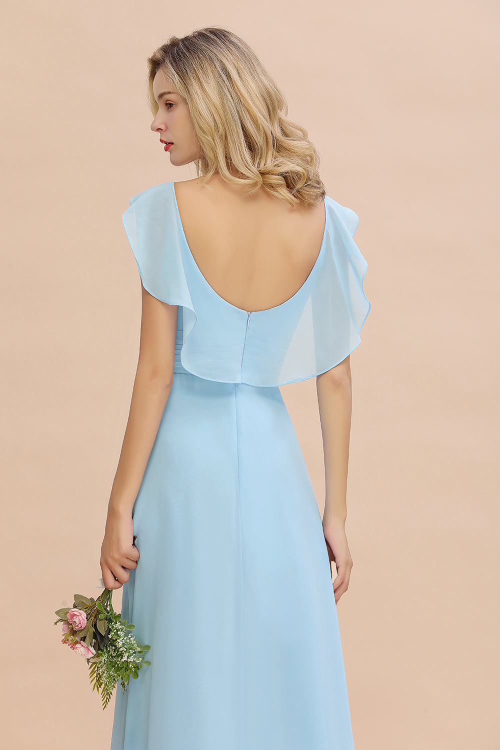 Modest Hi-Lo V-Neck Ruffle Long Bridesmaid Dress with Slit-Babyonlines