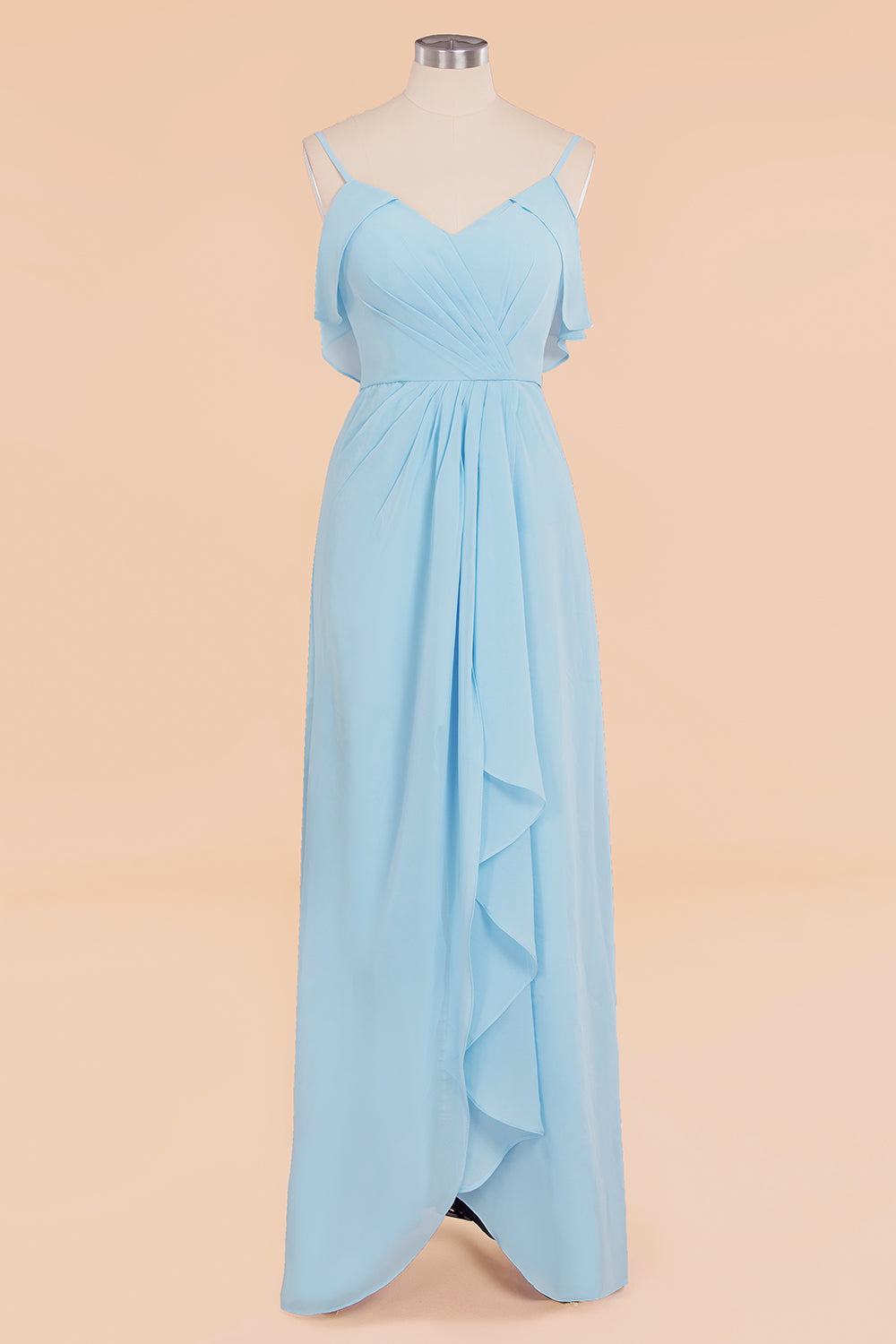 Modest Hi-Lo V-Neck Ruffle Long Bridesmaid Dress with Slit-Babyonlines