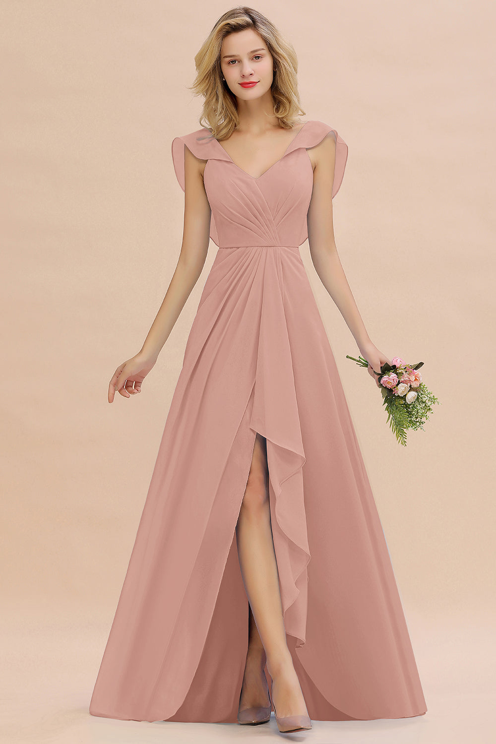 Modest Hi-Lo V-Neck Ruffle Long Bridesmaid Dress with Slit-Babyonlines