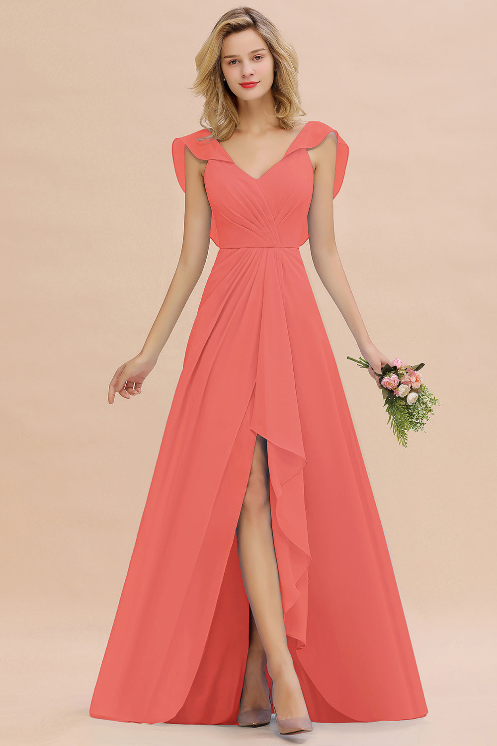 Modest Hi-Lo V-Neck Ruffle Long Bridesmaid Dress with Slit-Babyonlines