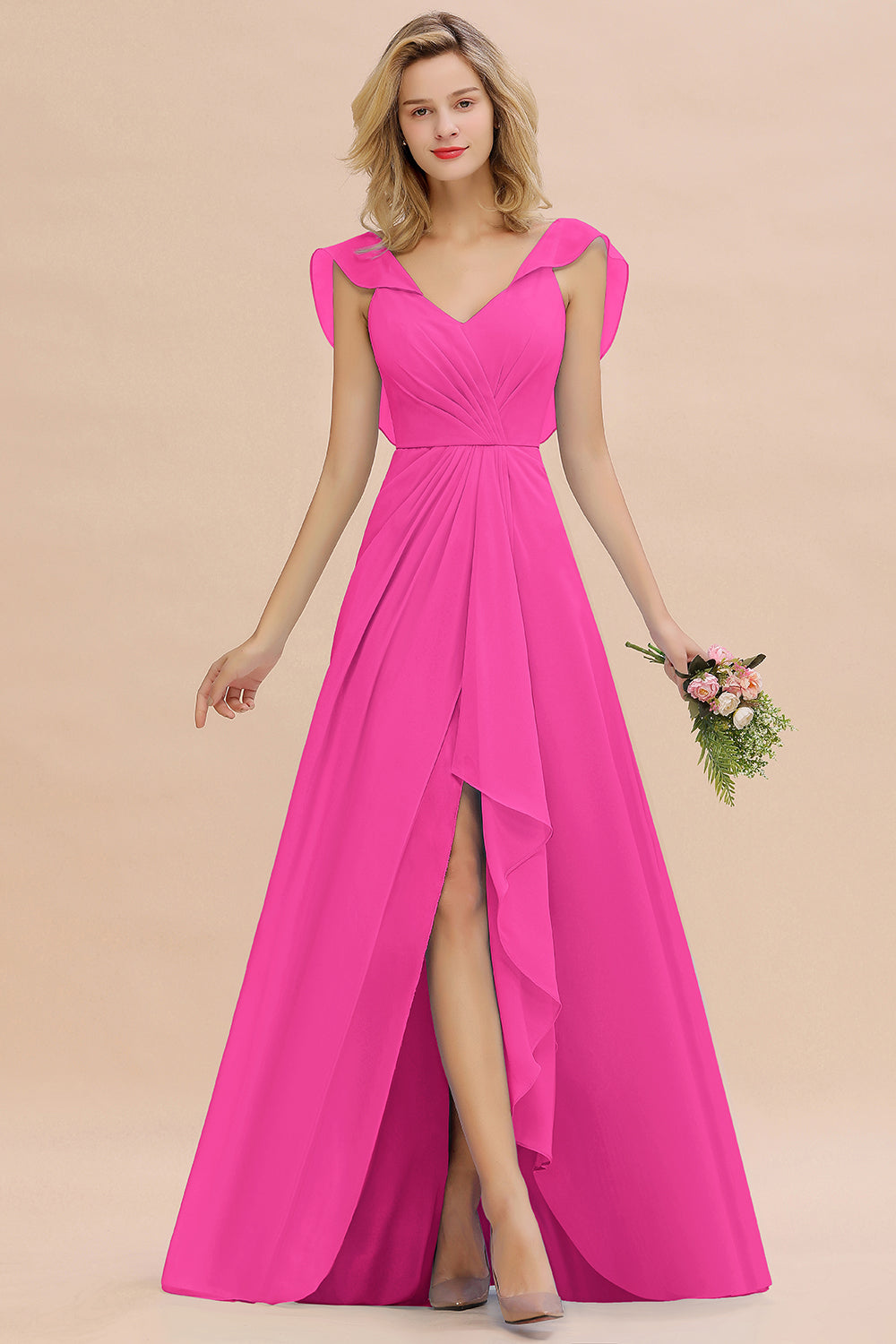 Modest Hi-Lo V-Neck Ruffle Long Bridesmaid Dress with Slit-Babyonlines