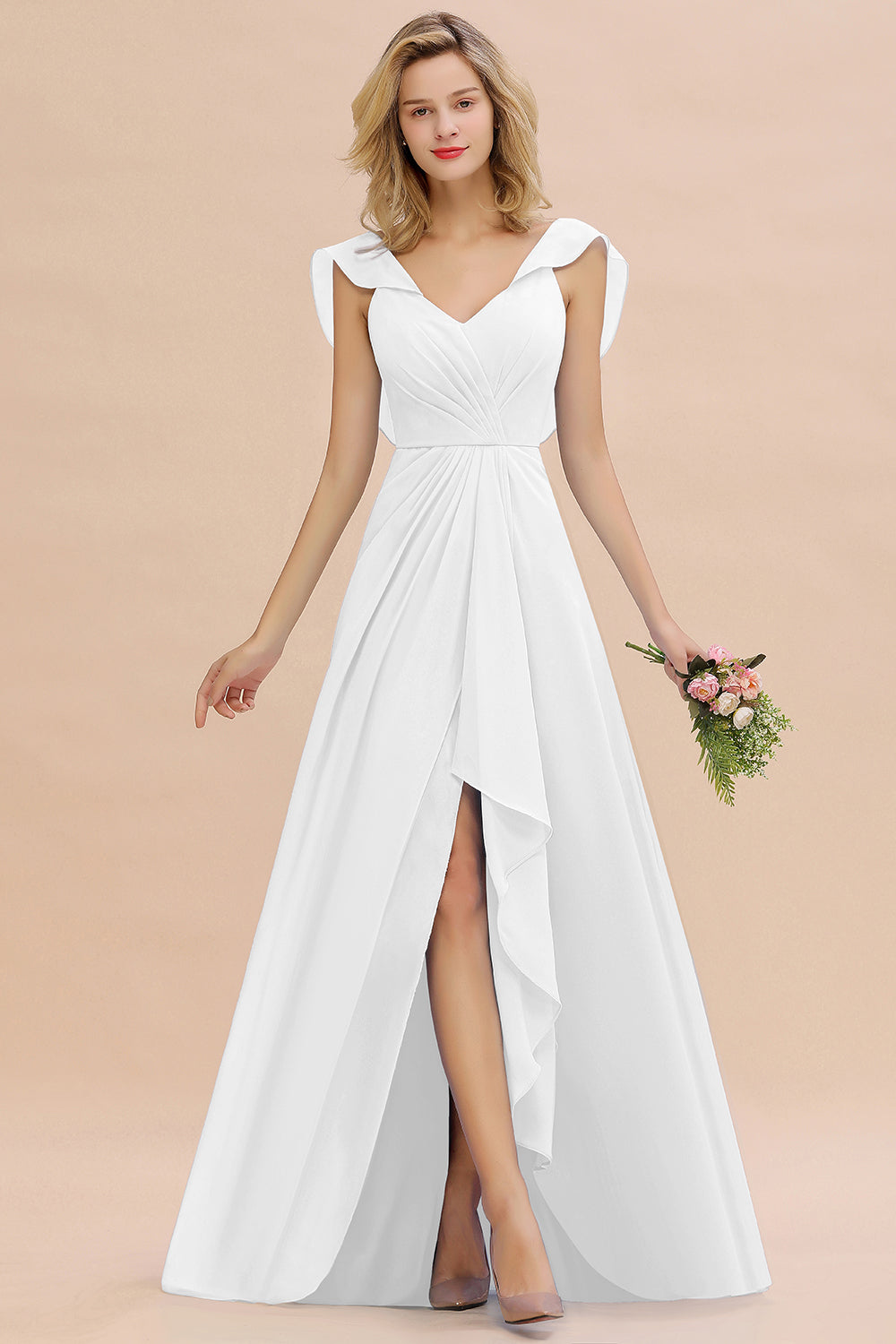 Modest Hi-Lo V-Neck Ruffle Long Bridesmaid Dress with Slit-Babyonlines