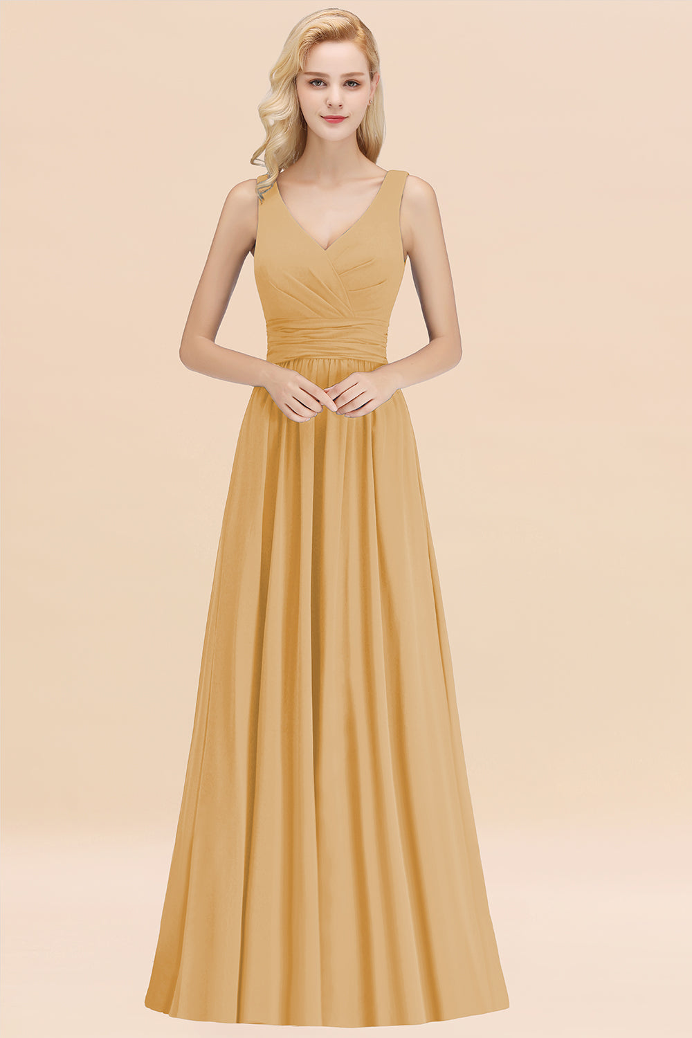 Modest Sleeveless V-Neck Long Chiffon Bridesmaid Dress Online with Ruffle-Babyonlines