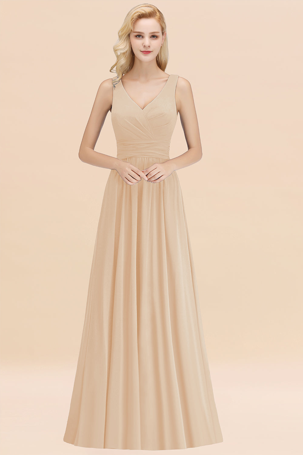 Modest Sleeveless V-Neck Long Chiffon Bridesmaid Dress Online with Ruffle-Babyonlines