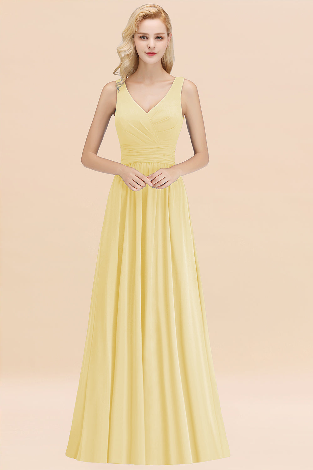 Modest Sleeveless V-Neck Long Chiffon Bridesmaid Dress Online with Ruffle-Babyonlines