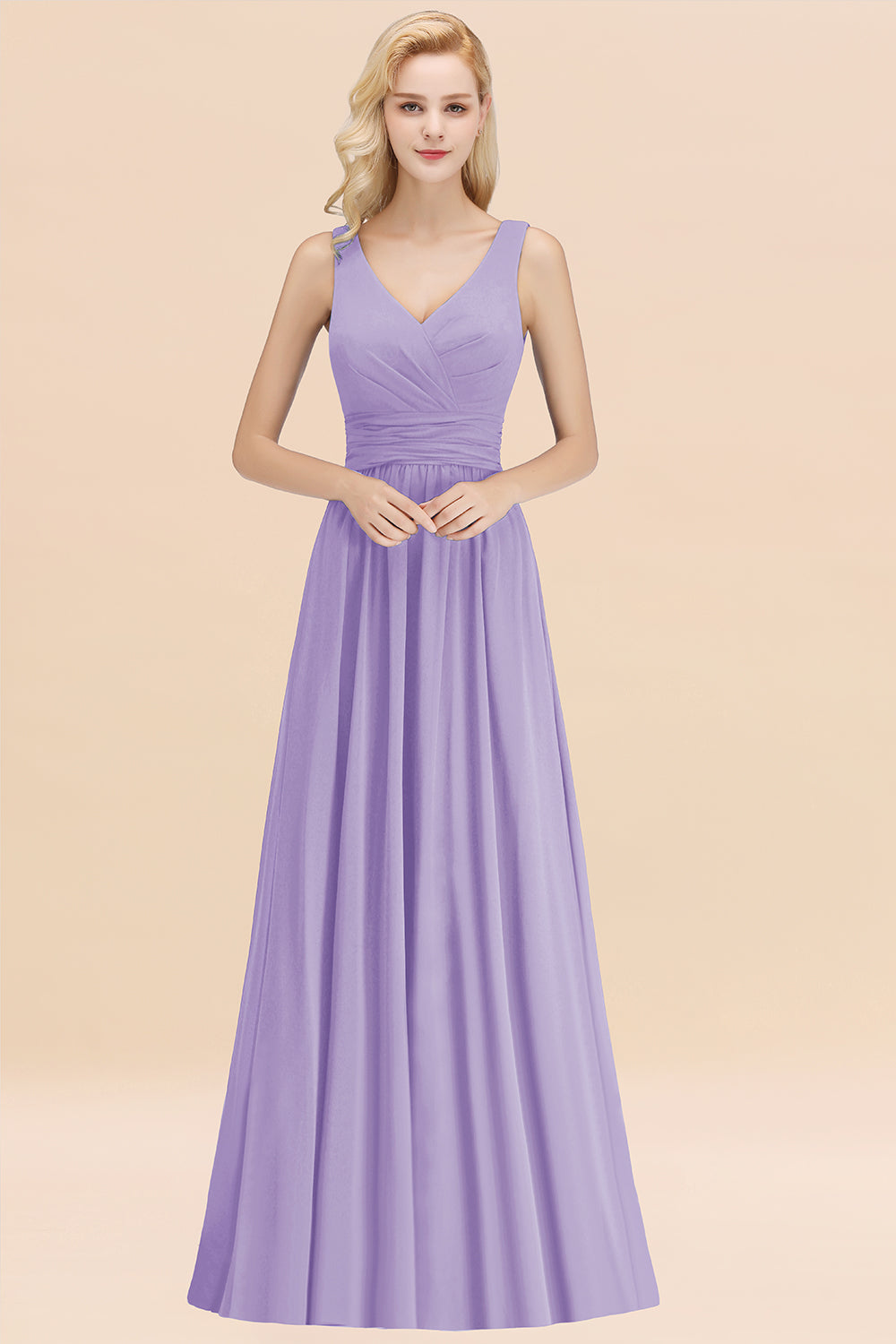 Modest Sleeveless V-Neck Long Chiffon Bridesmaid Dress Online with Ruffle-Babyonlines