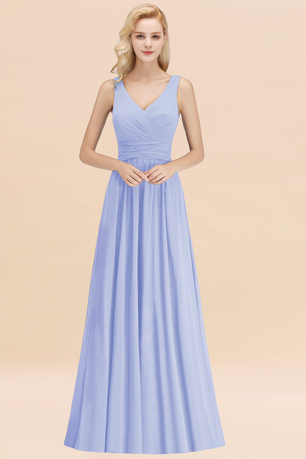 Modest Sleeveless V-Neck Long Chiffon Bridesmaid Dress Online with Ruffle-Babyonlines