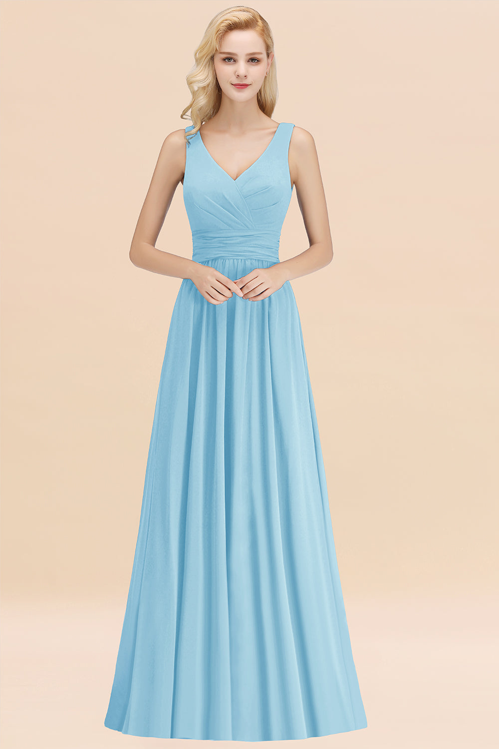 Modest Sleeveless V-Neck Long Chiffon Bridesmaid Dress Online with Ruffle-Babyonlines