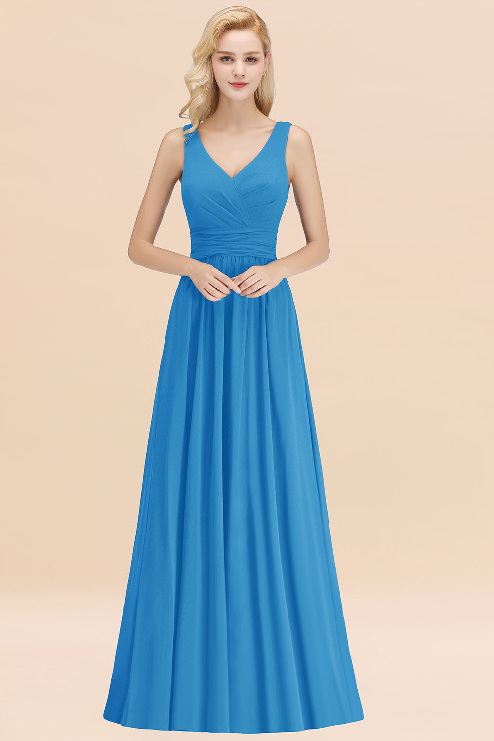 Modest Sleeveless V-Neck Long Chiffon Bridesmaid Dress Online with Ruffle-Babyonlines