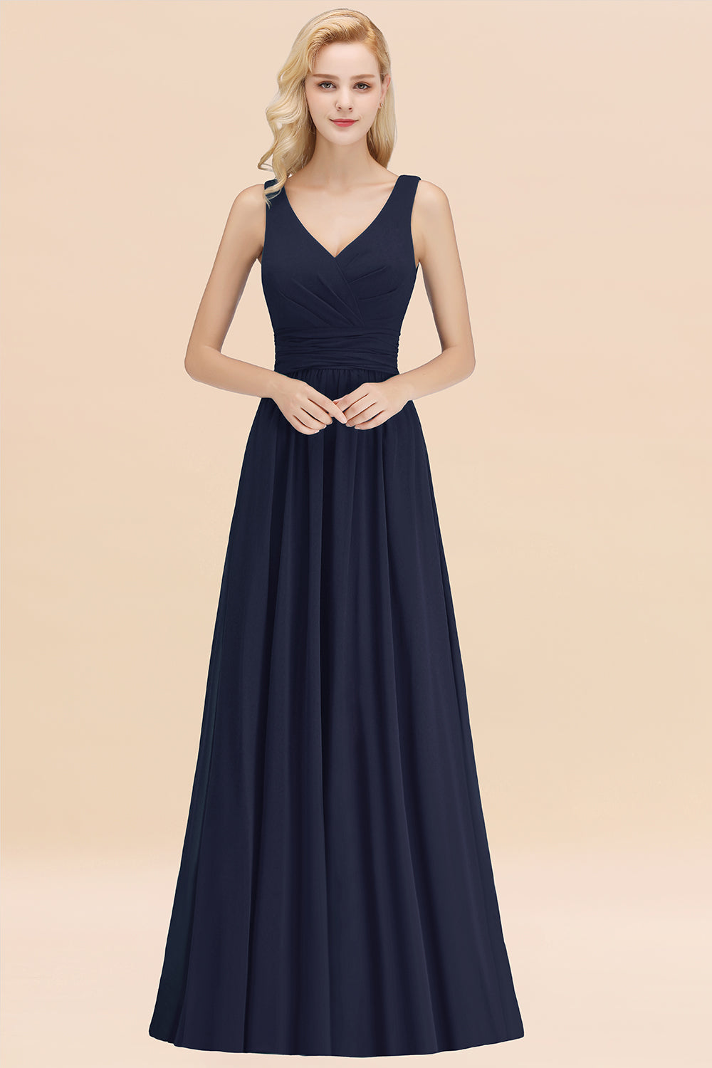 Modest Sleeveless V-Neck Long Chiffon Bridesmaid Dress Online with Ruffle-Babyonlines