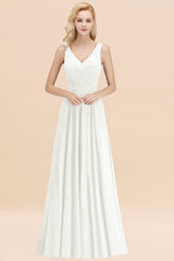 Modest Sleeveless V-Neck Long Chiffon Bridesmaid Dress Online with Ruffle-Babyonlines