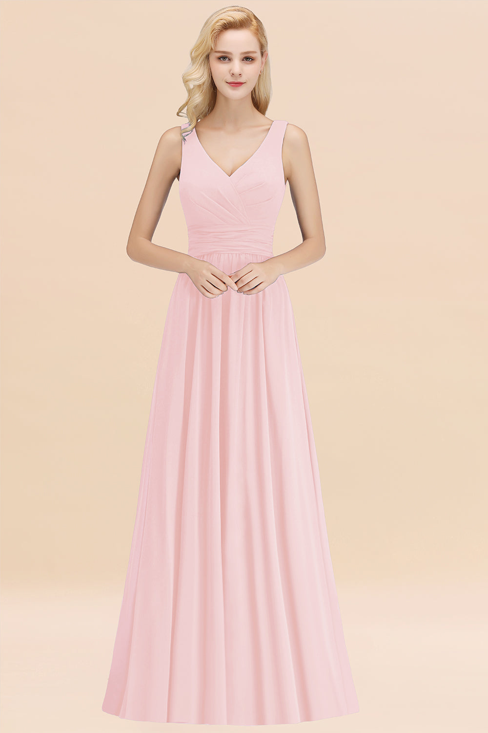 Modest Sleeveless V-Neck Long Chiffon Bridesmaid Dress Online with Ruffle-Babyonlines