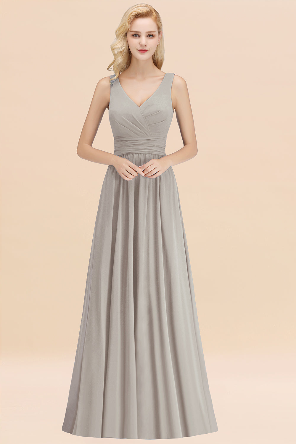 Modest Sleeveless V-Neck Long Chiffon Bridesmaid Dress Online with Ruffle-Babyonlines