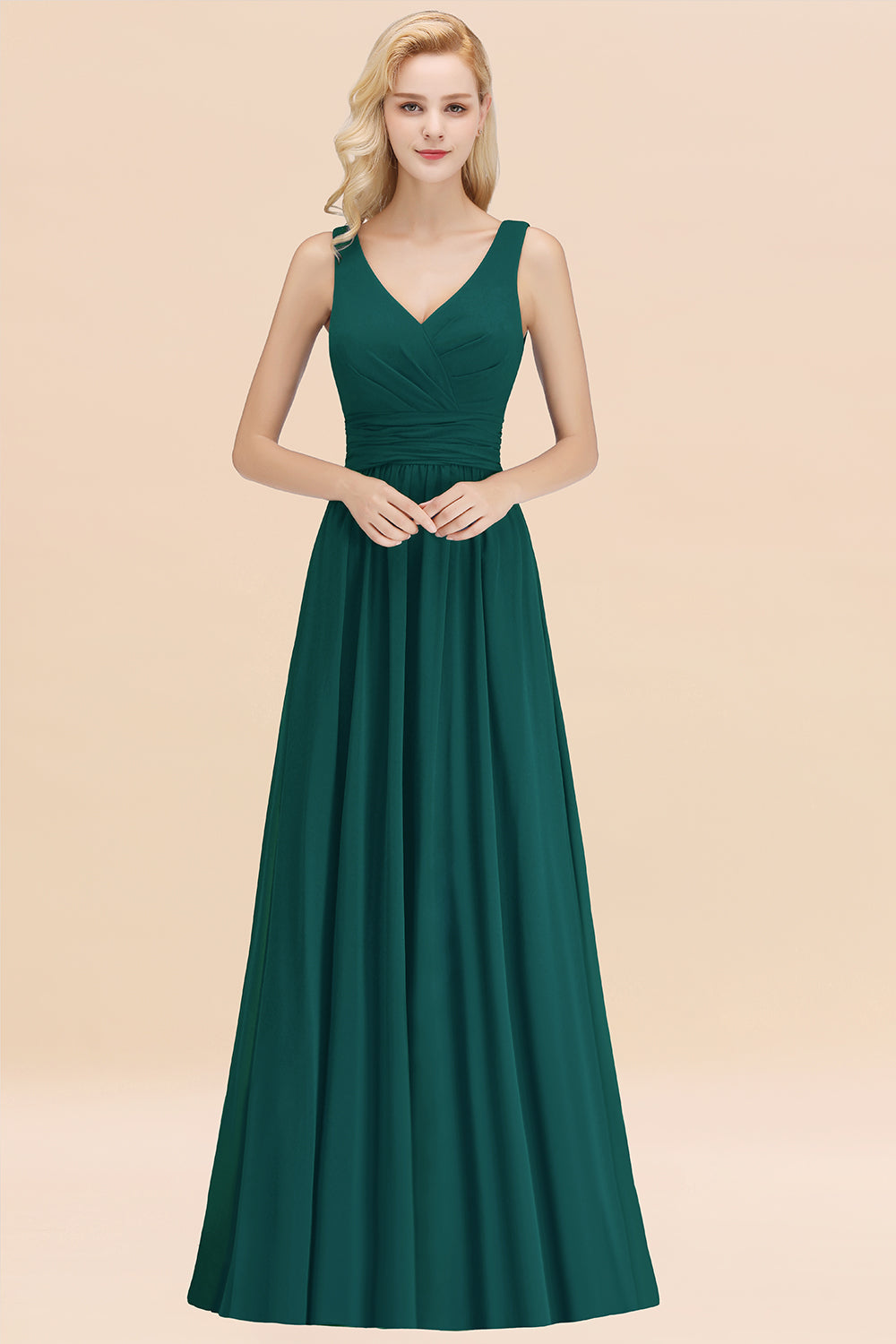 Modest Sleeveless V-Neck Long Chiffon Bridesmaid Dress Online with Ruffle-Babyonlines