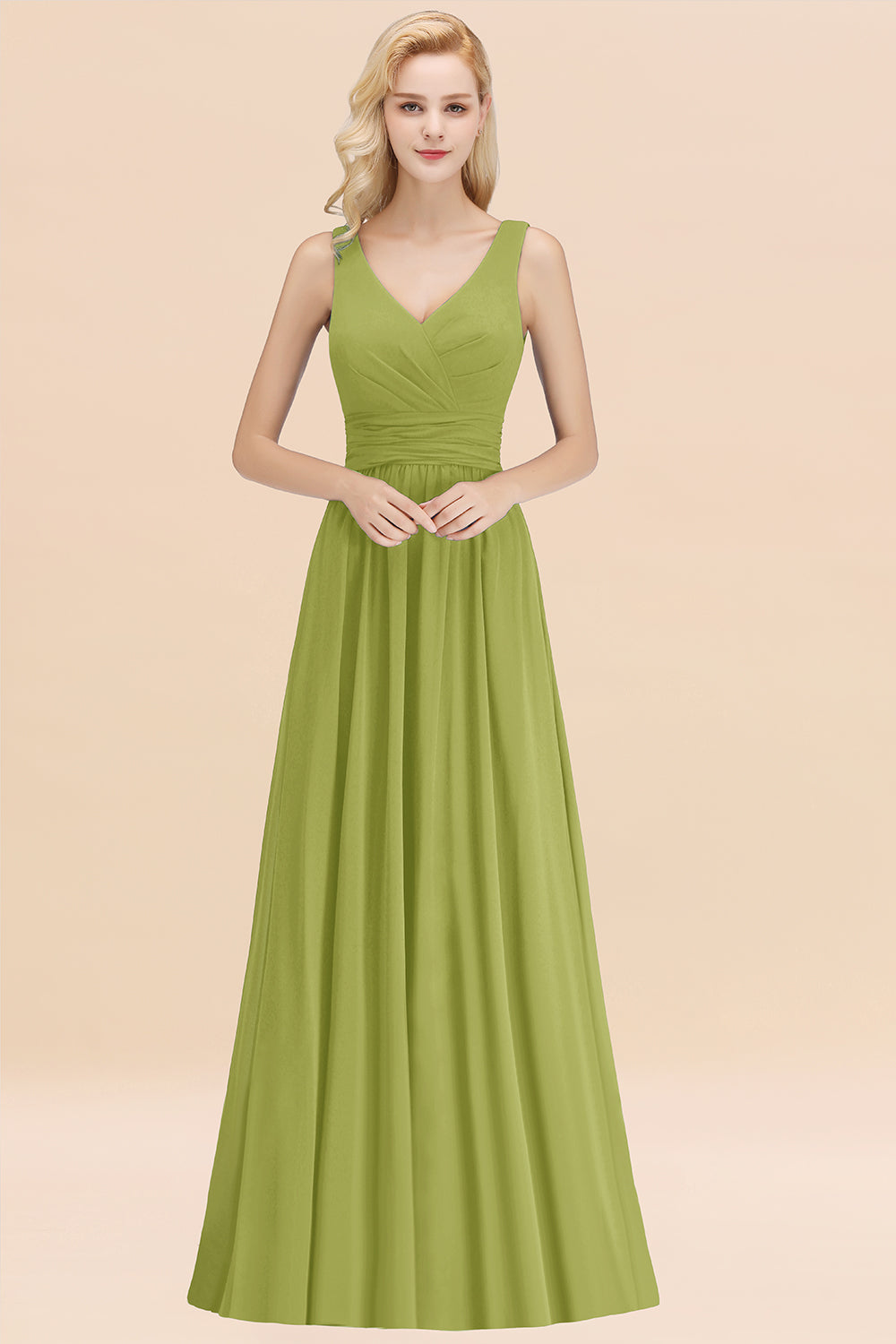 Modest Sleeveless V-Neck Long Chiffon Bridesmaid Dress Online with Ruffle-Babyonlines