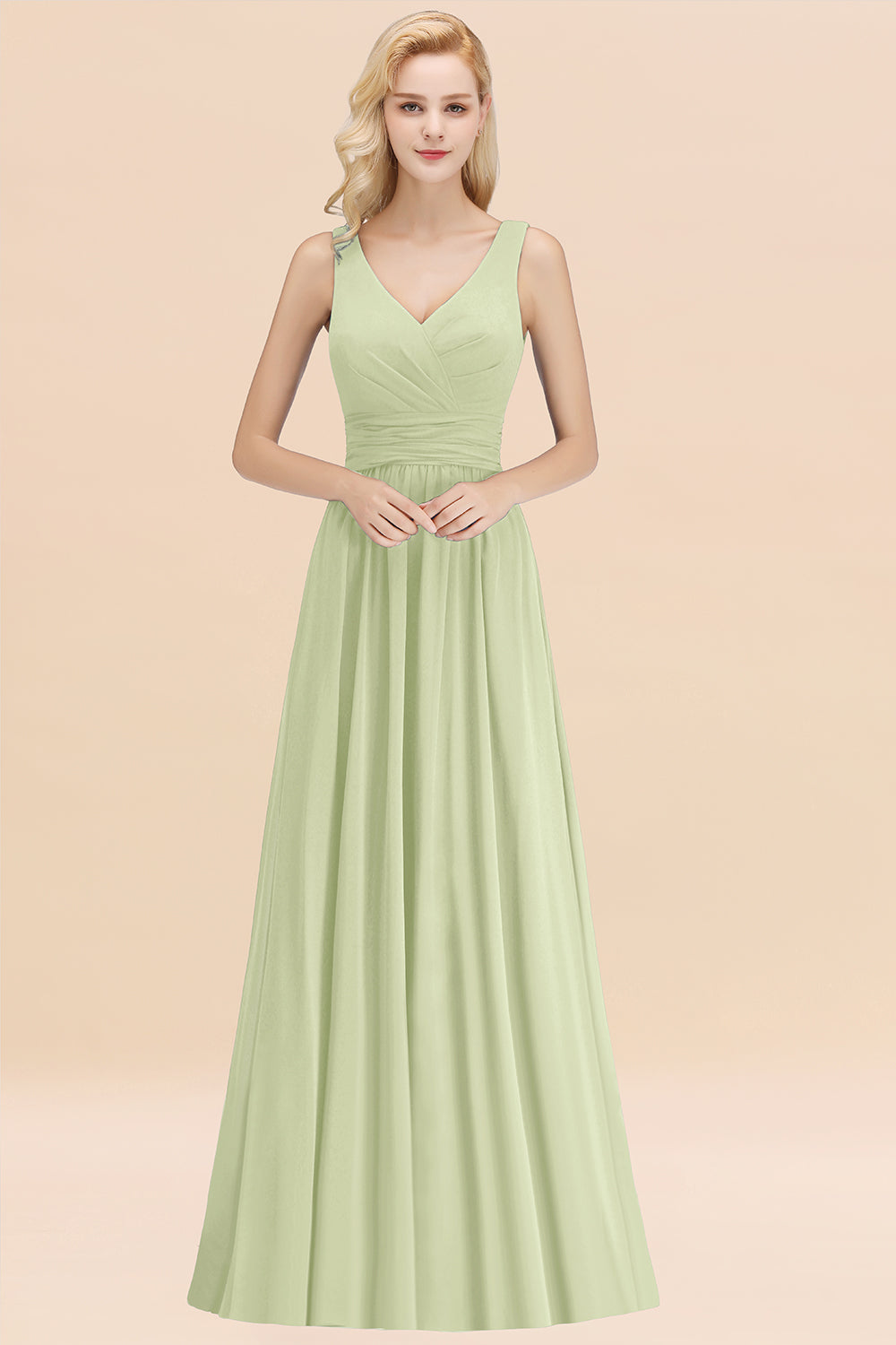 Modest Sleeveless V-Neck Long Chiffon Bridesmaid Dress Online with Ruffle-Babyonlines