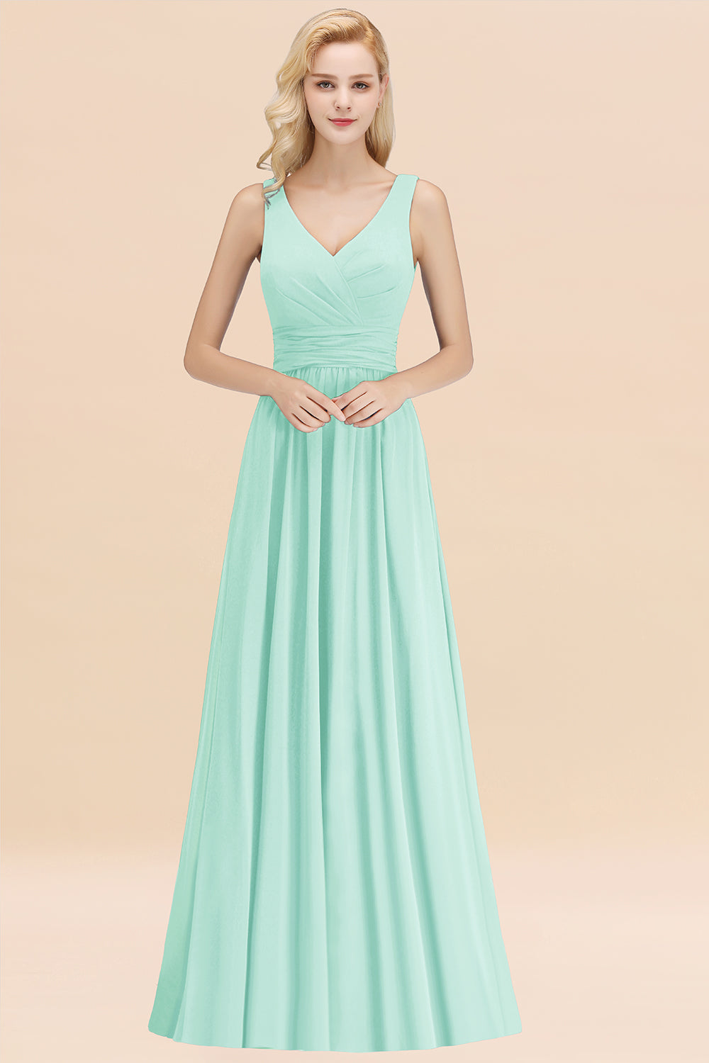 Modest Sleeveless V-Neck Long Chiffon Bridesmaid Dress Online with Ruffle-Babyonlines