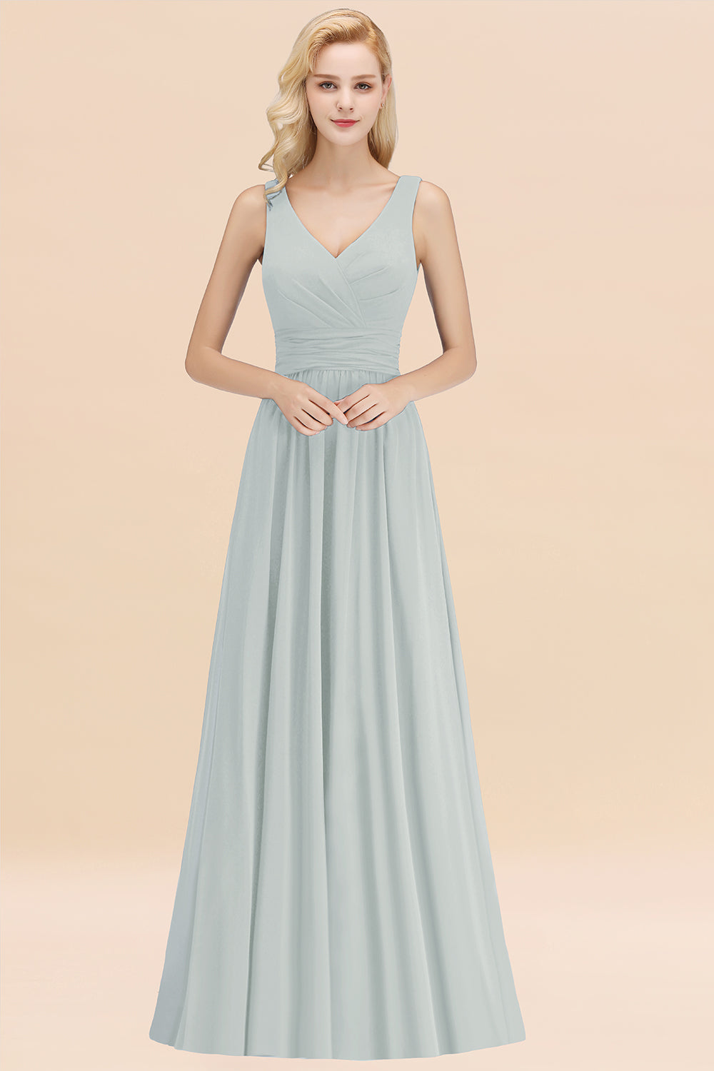 Modest Sleeveless V-Neck Long Chiffon Bridesmaid Dress Online with Ruffle-Babyonlines