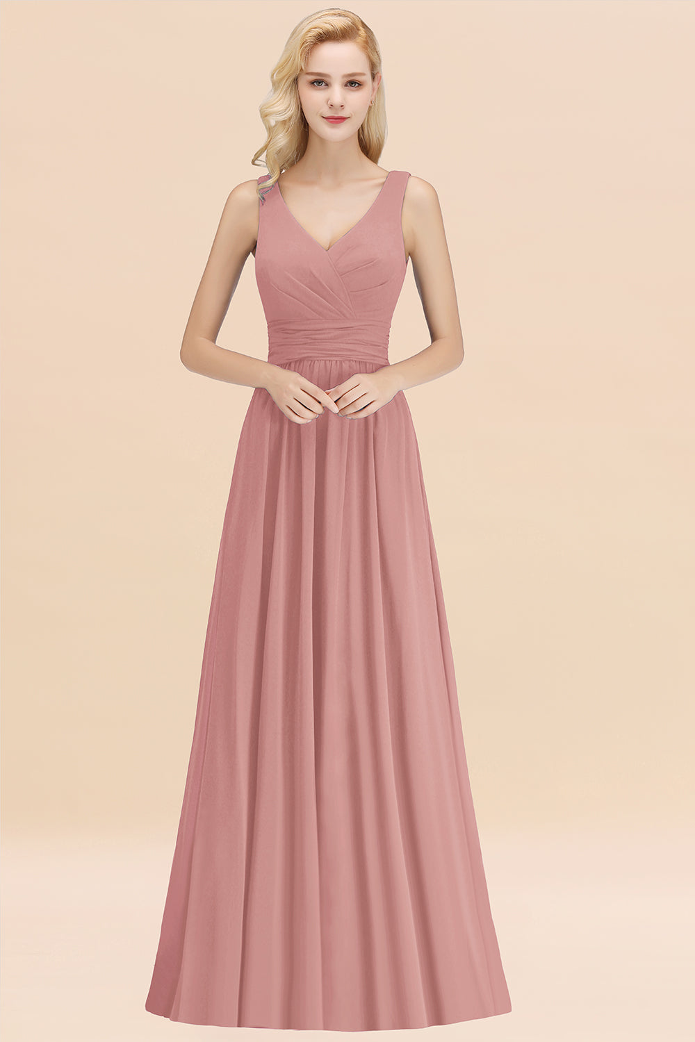 Modest Sleeveless V-Neck Long Chiffon Bridesmaid Dress Online with Ruffle-Babyonlines